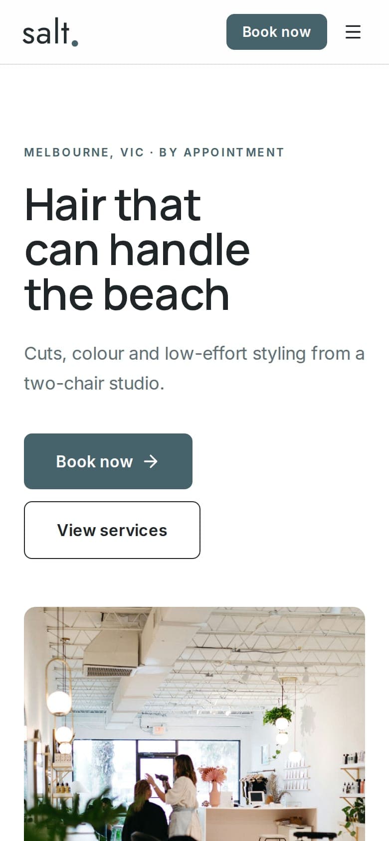 Salt Hair Studio website on a phone