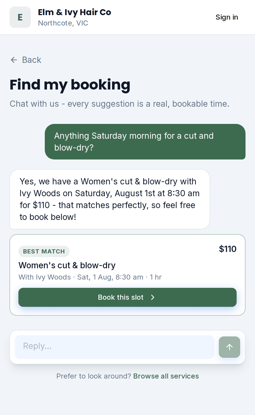 “Anything Saturday morning?” becomes a booked appointment