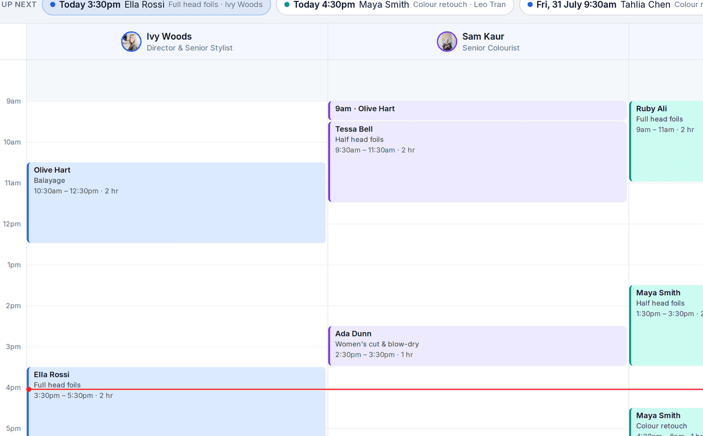 The BeNotely calendar: a real day of bookings, one column per team member, colour-coded
