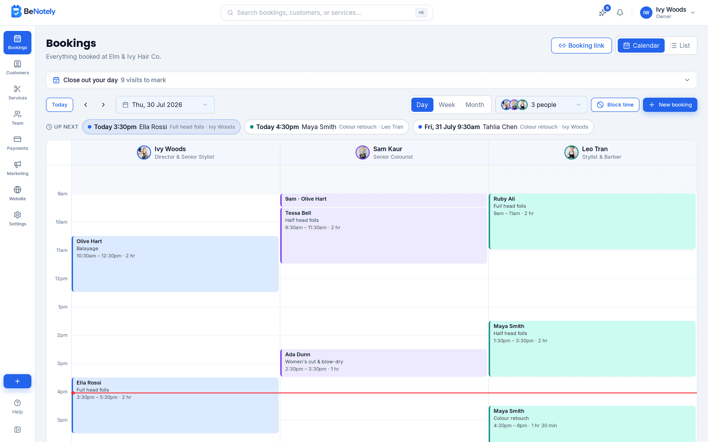The BeNotely calendar: a real day of bookings, one column per team member, colour-coded