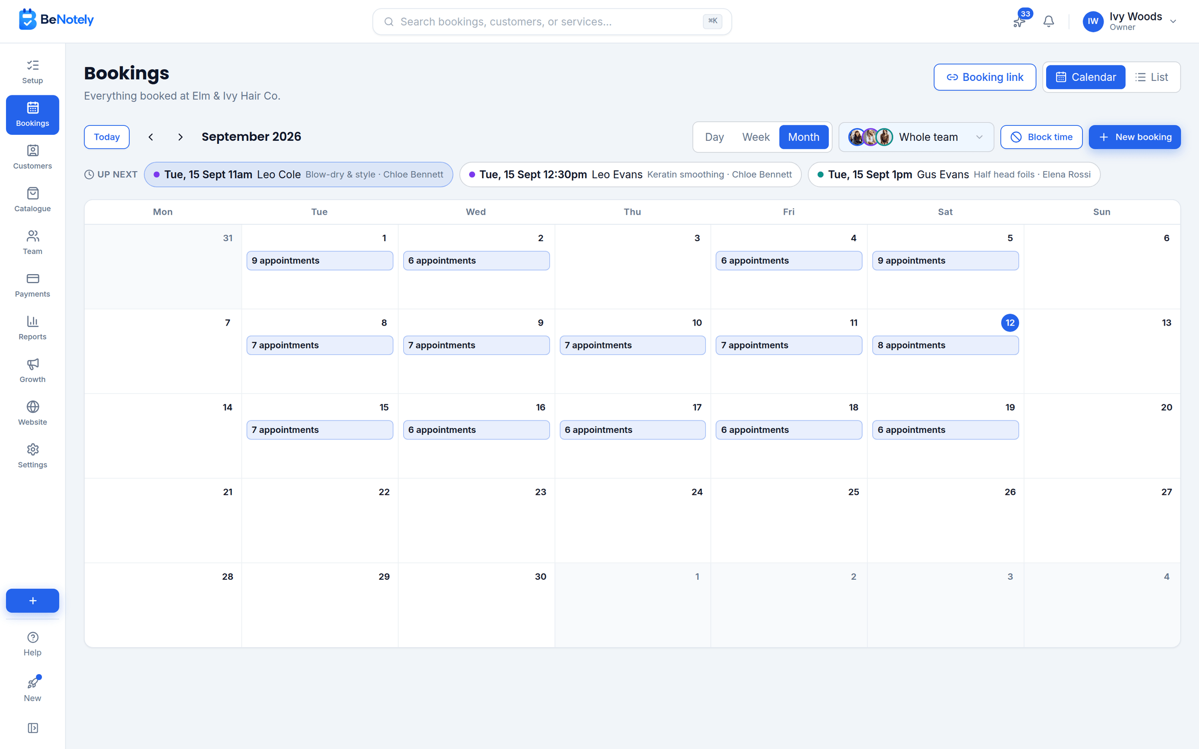 The BeNotely calendar: a month of bookings for the whole team, then a day, a booking and the week