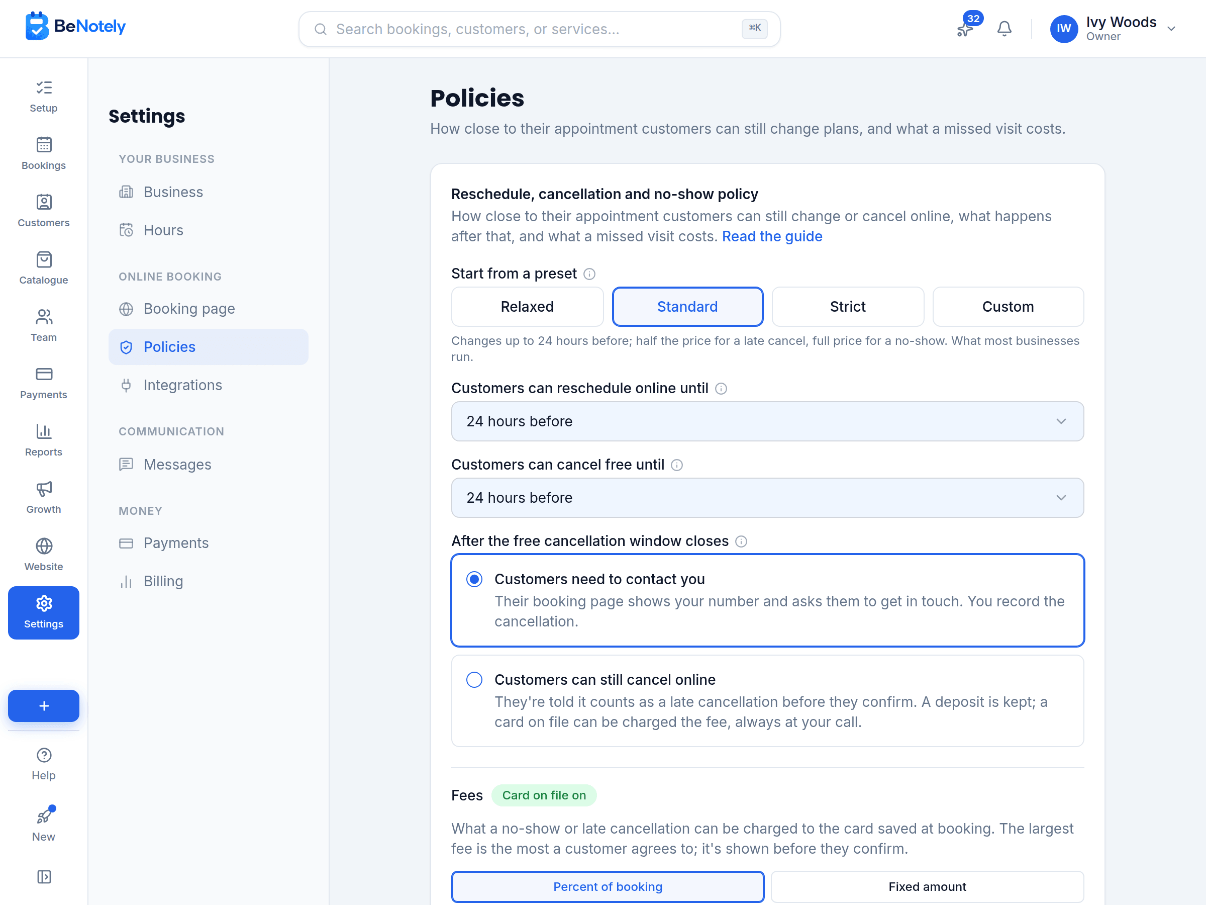 Booking policy settings in BeNotely: the preset, how long before a visit customers can reschedule or cancel, and what happens after