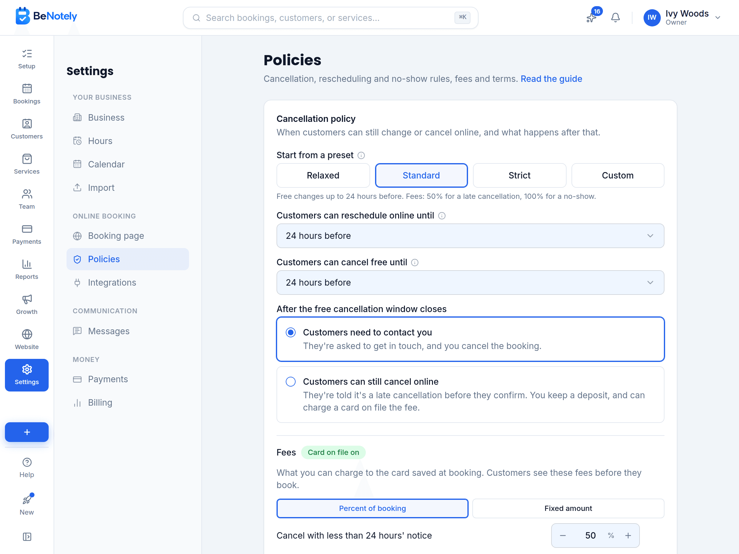 Booking policy settings in BeNotely: the preset, how long before a visit customers can reschedule or cancel, and what happens after