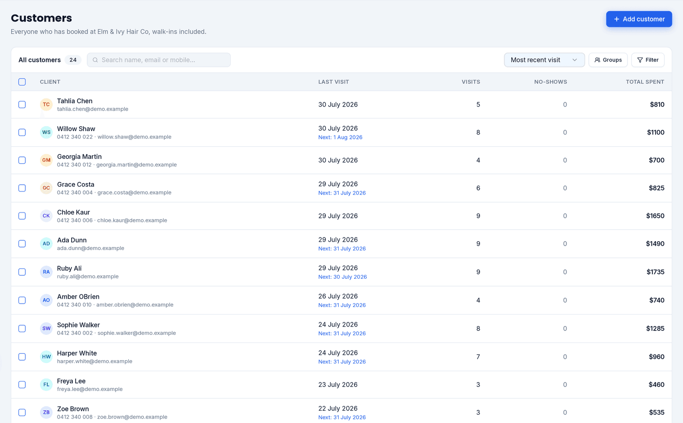 The BeNotely client book: every customer with visits, no-shows and total spent
