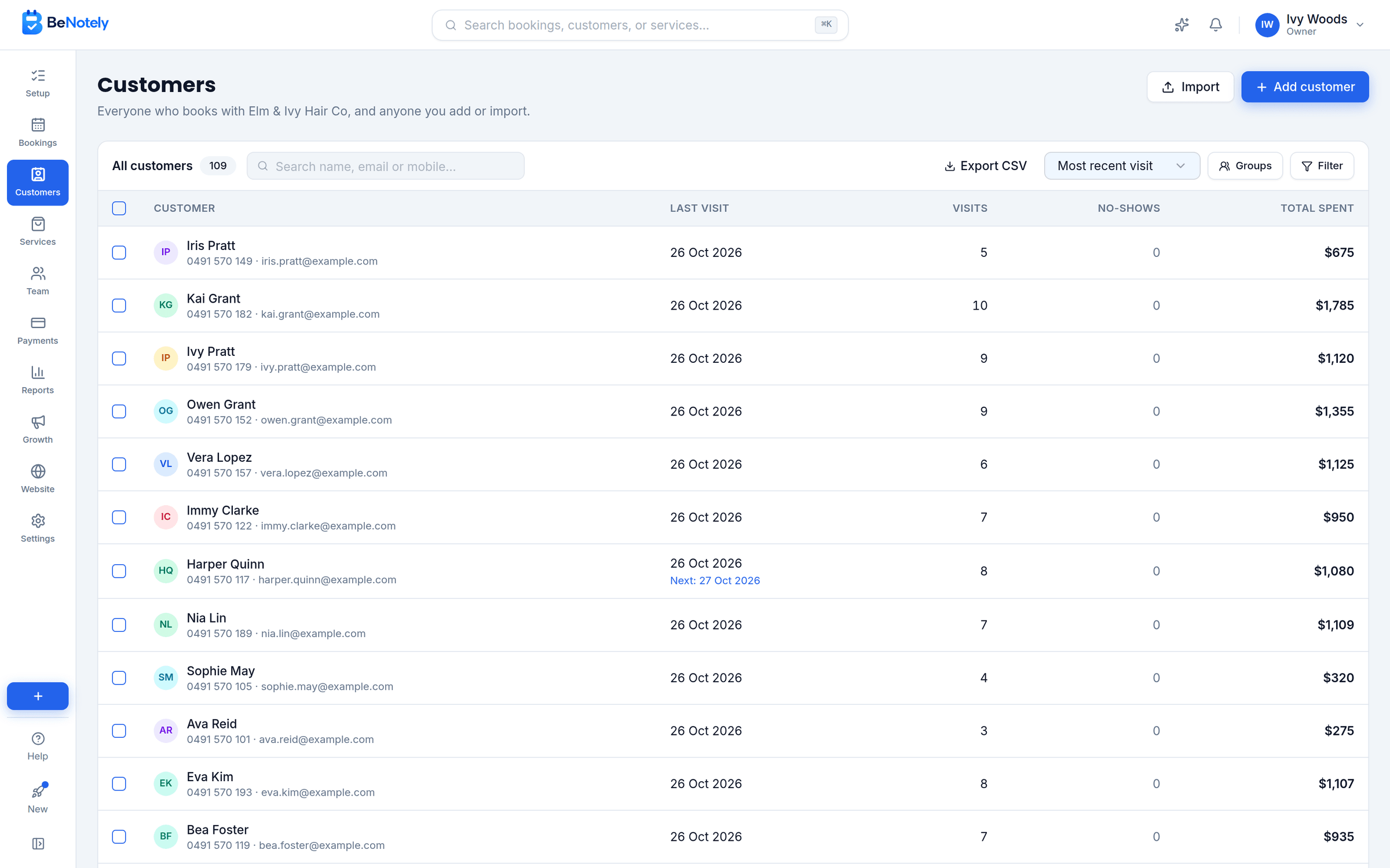 The BeNotely customer list: every customer with their last visit, visits, no-shows and total spent; the loop filters to regulars and opens a profile