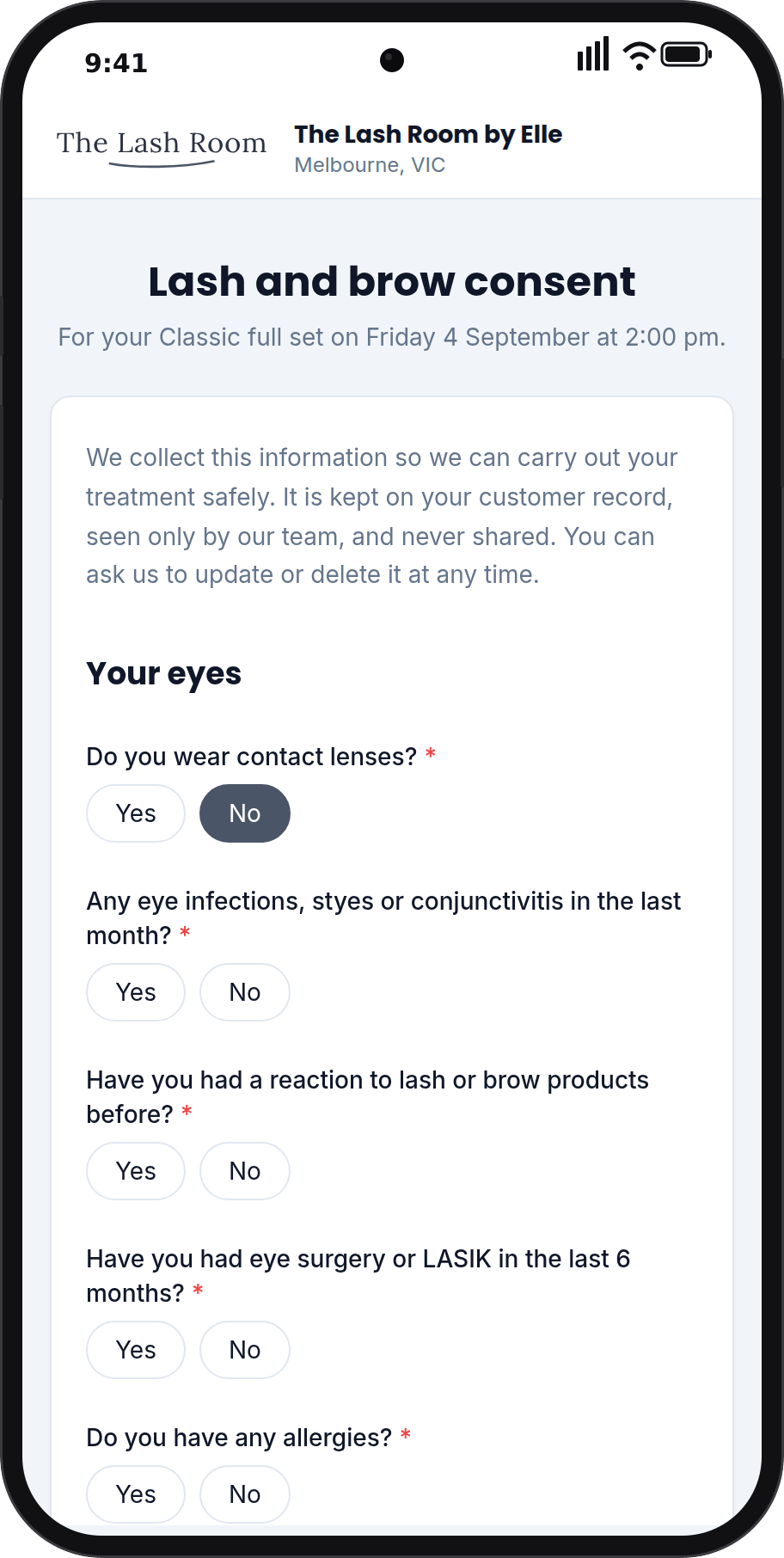 Consent forms sent with every booking