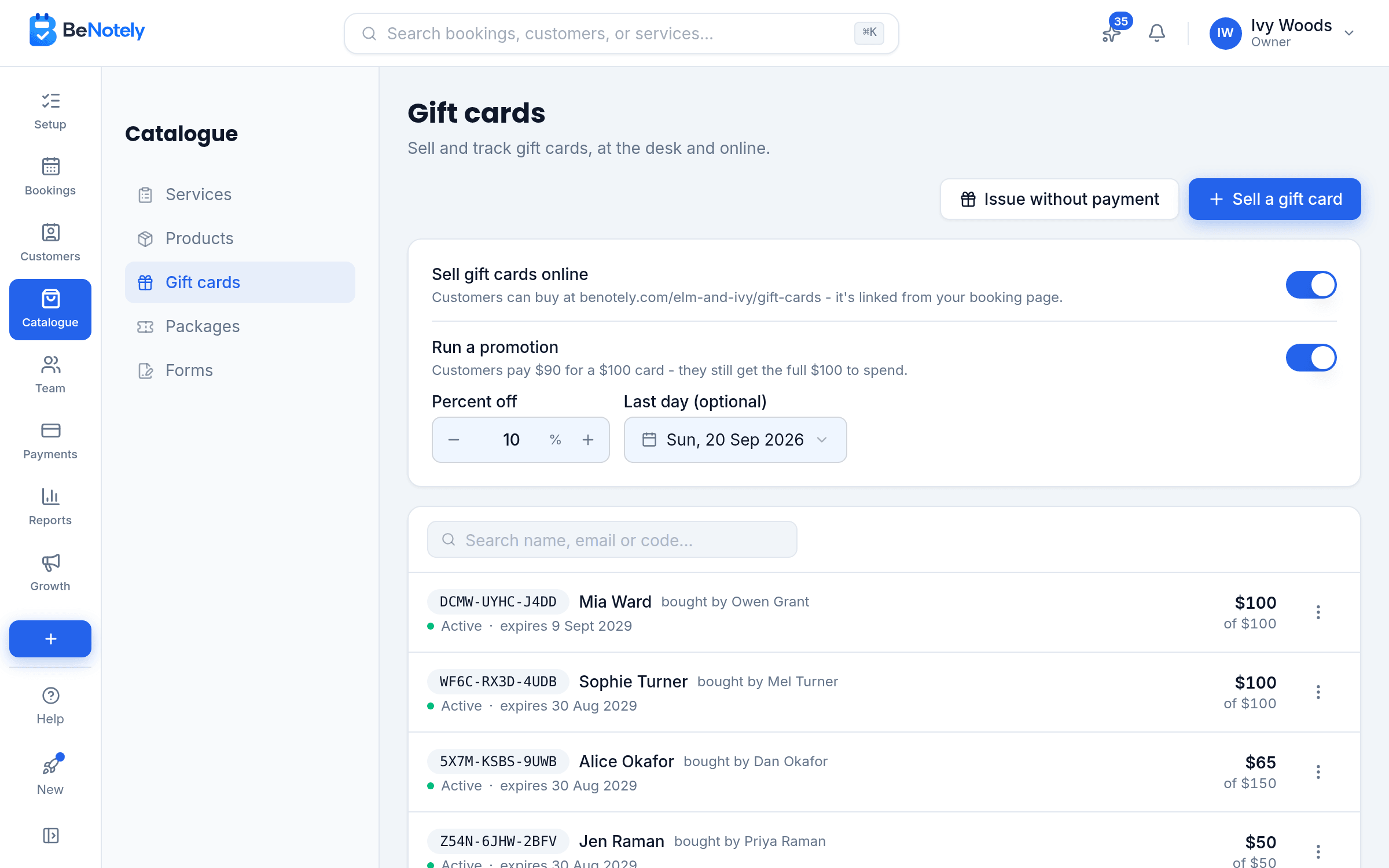 Gift cards in BeNotely: every card with its code, balance and expiry