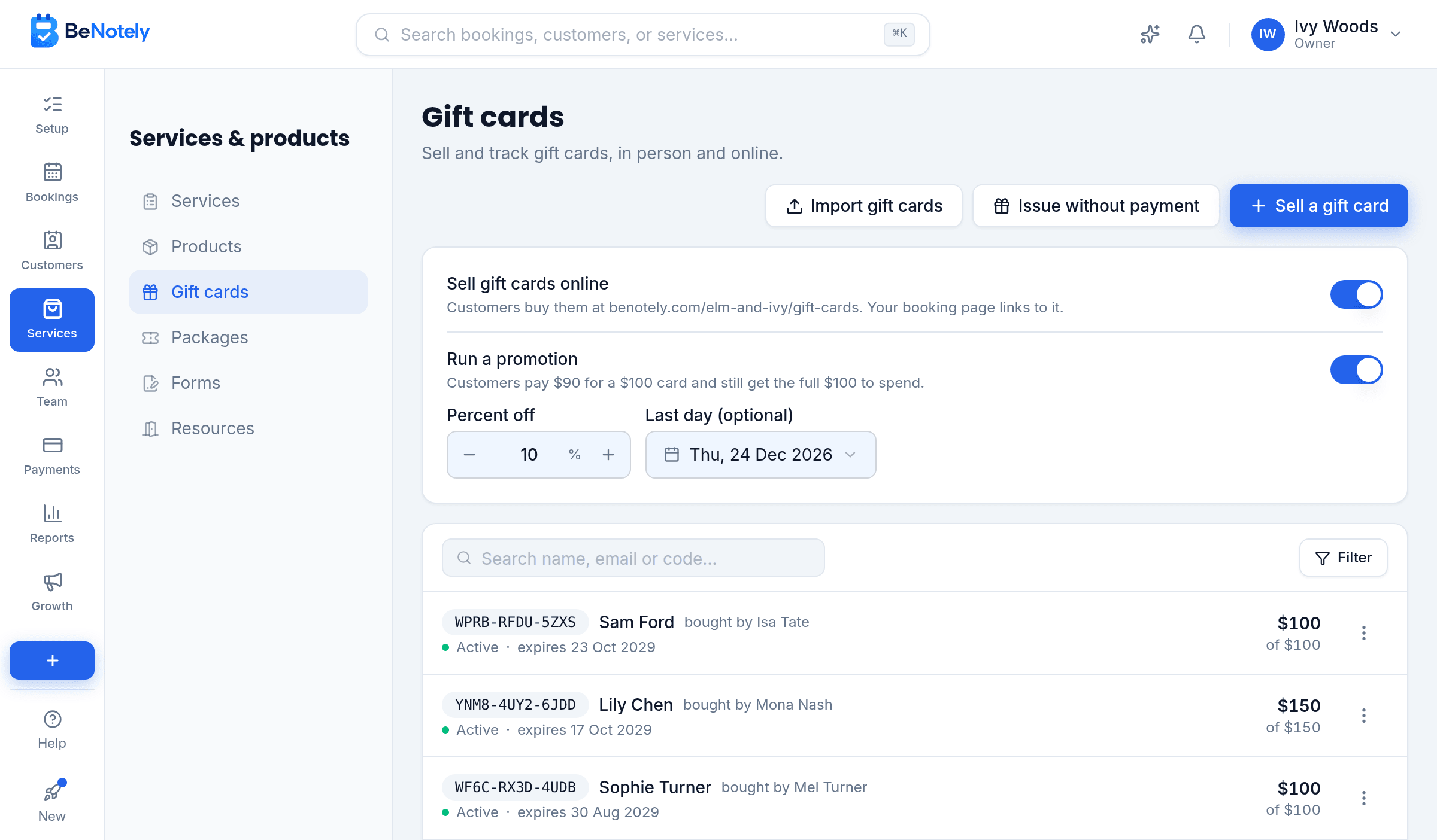 Gift cards in BeNotely: every card with its code, balance and expiry