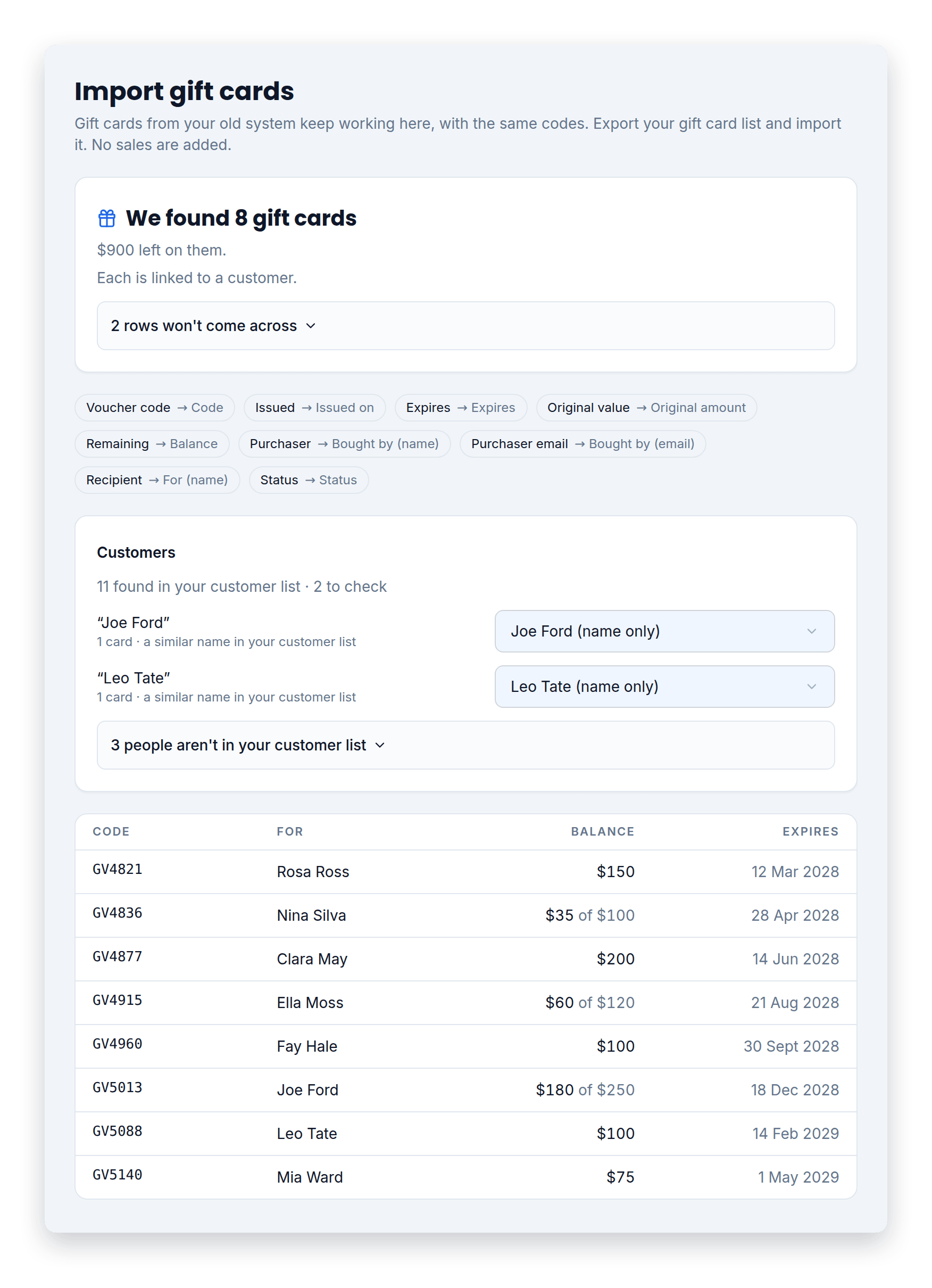Import the gift cards you've already sold