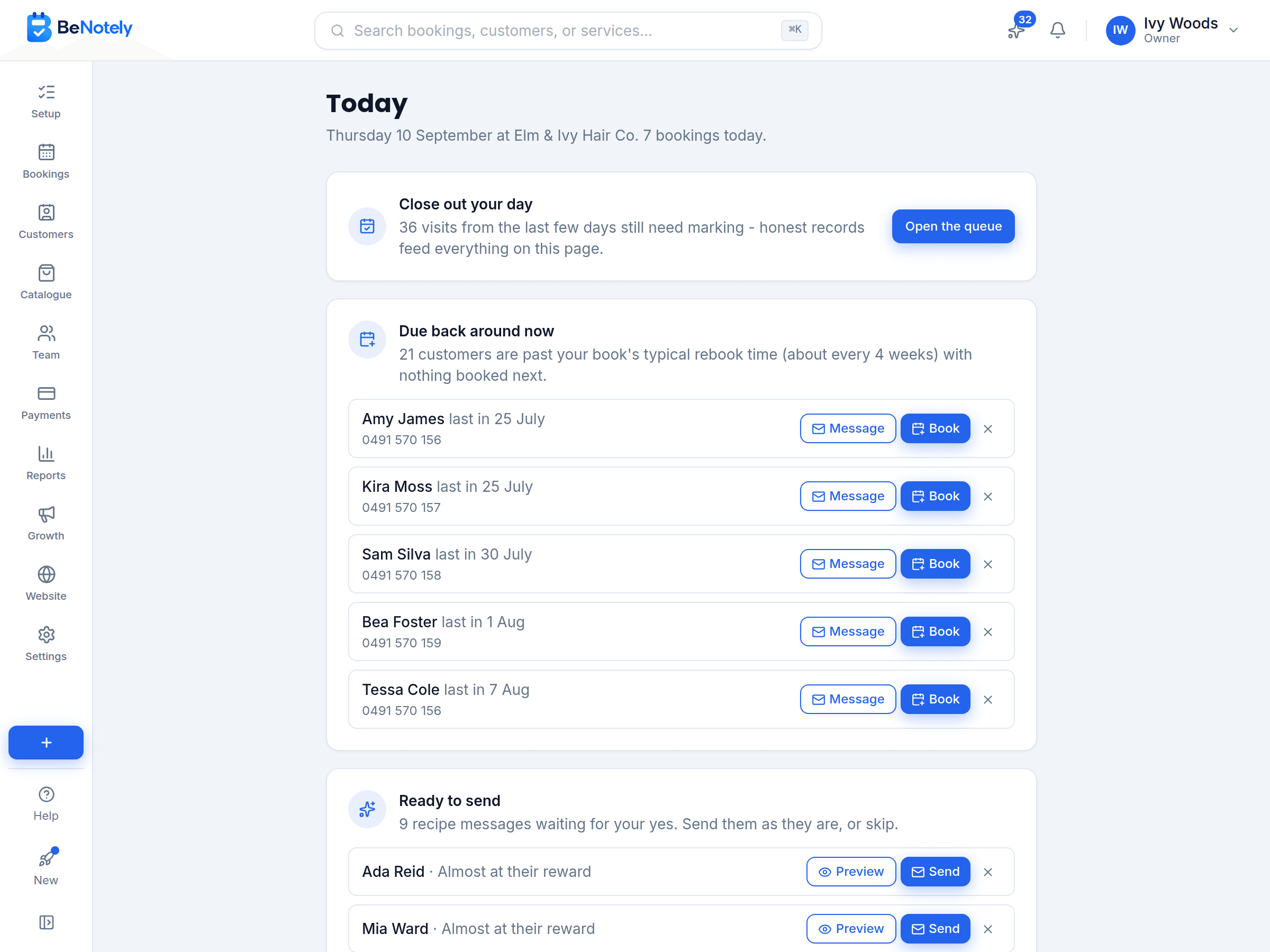 The Today page in BeNotely: close out your day, customers due back with Message and Book buttons, and messages ready to send
