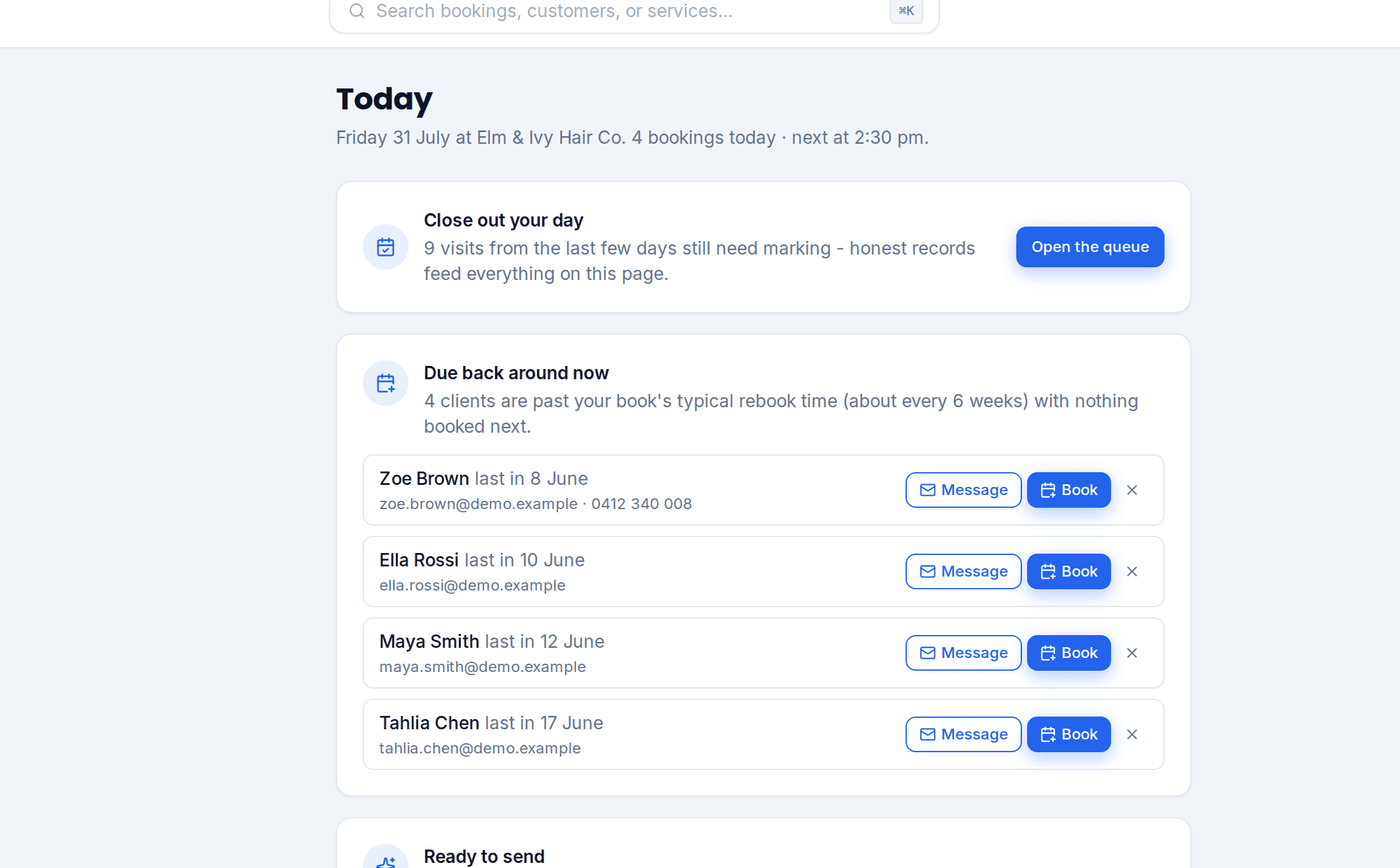 The Today page: close out your day, four clients due back, a message ready to send