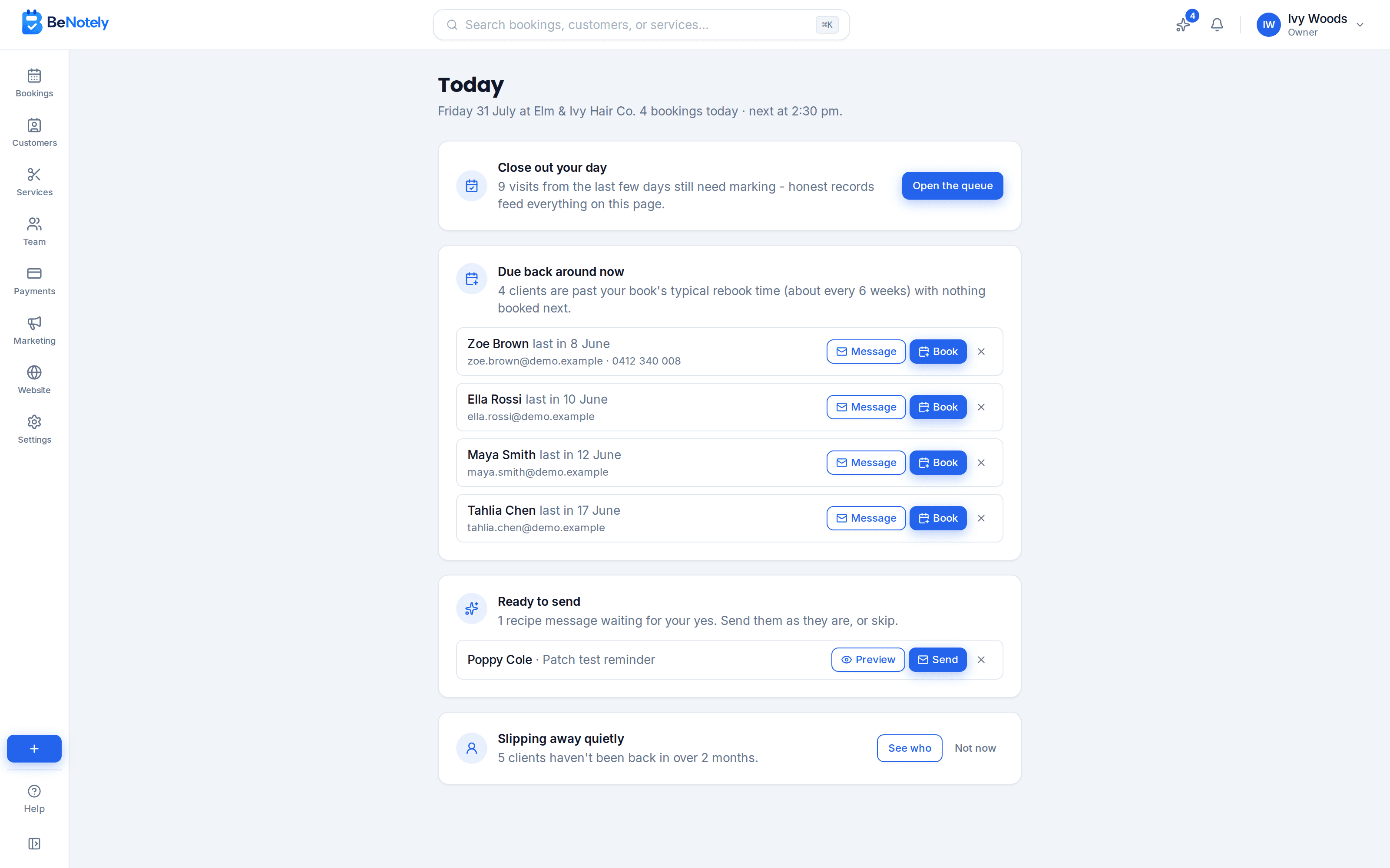 The Today page: close out your day, four clients due back, a message ready to send