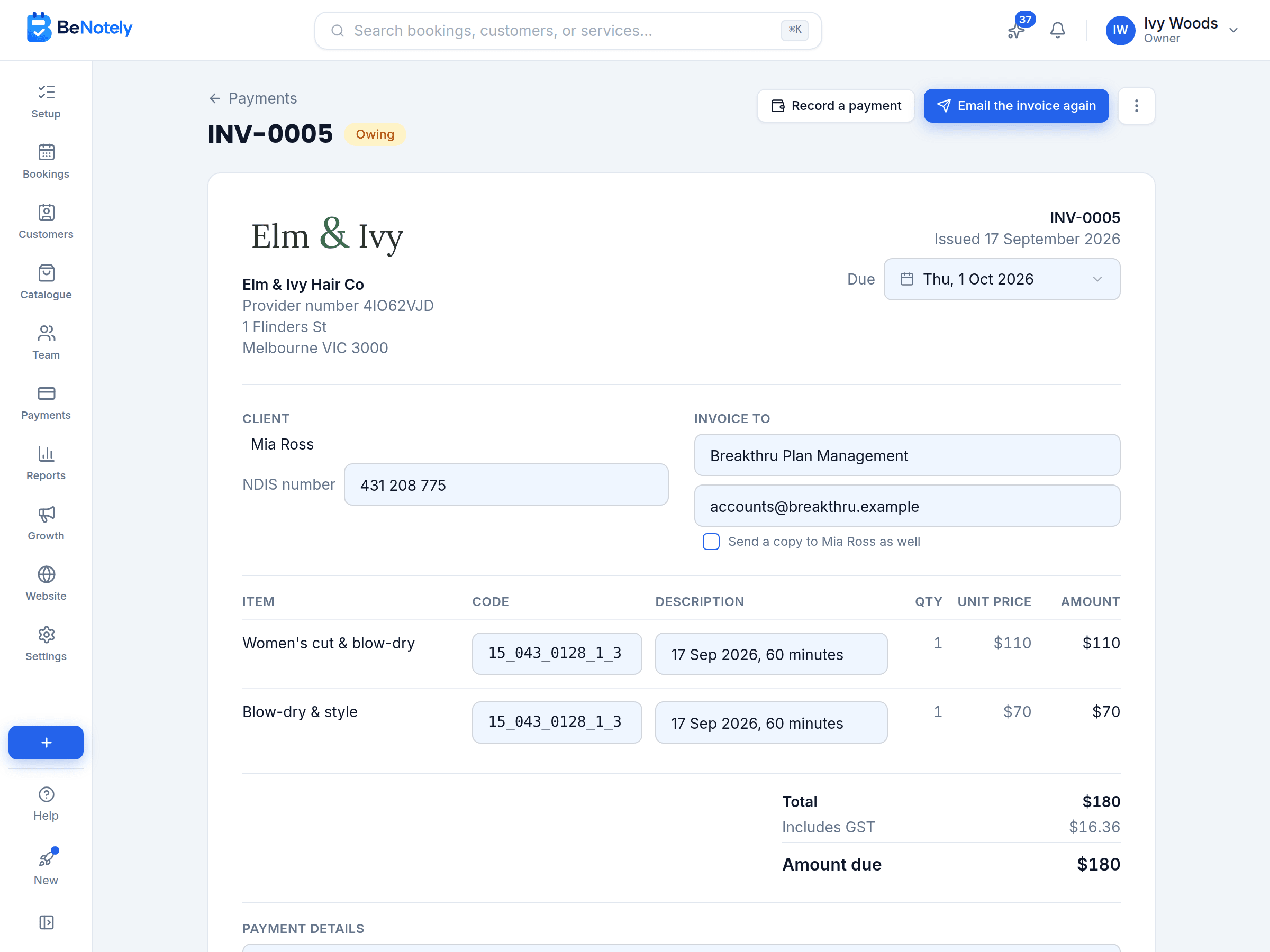 An invoice in BeNotely: the client and their NDIS number, the plan manager it goes to, an item code on every line, and the amount due