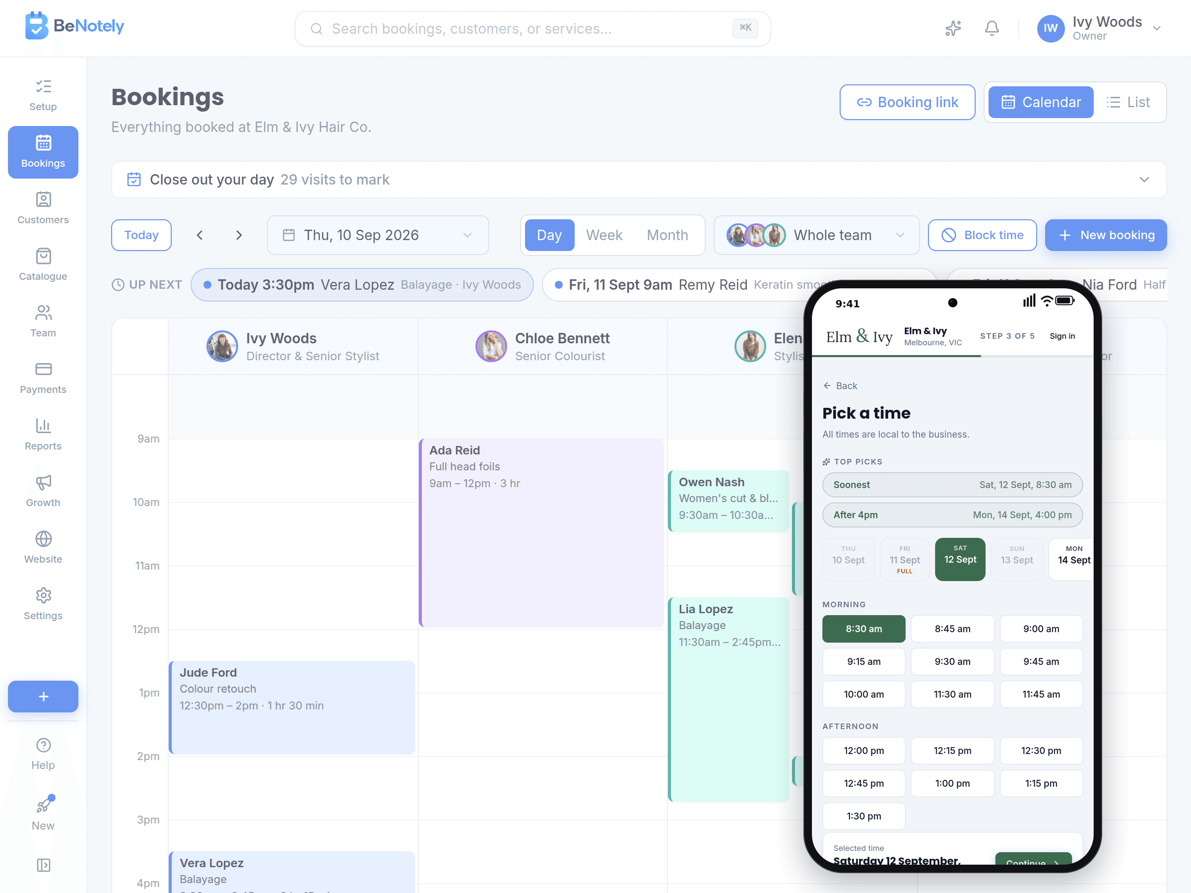 The BeNotely calendar with a customer's booking page lifted over it: Pick a time, top picks, then every free time that day