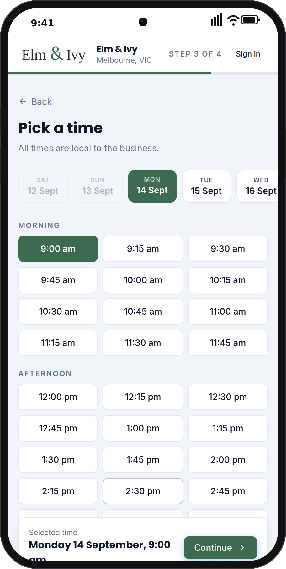 Picking a time on the booking page
