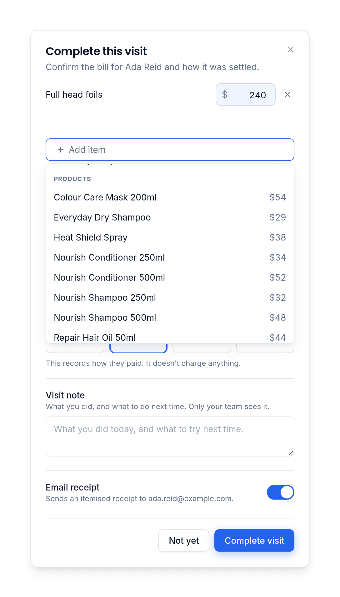 Products on the bill at checkout