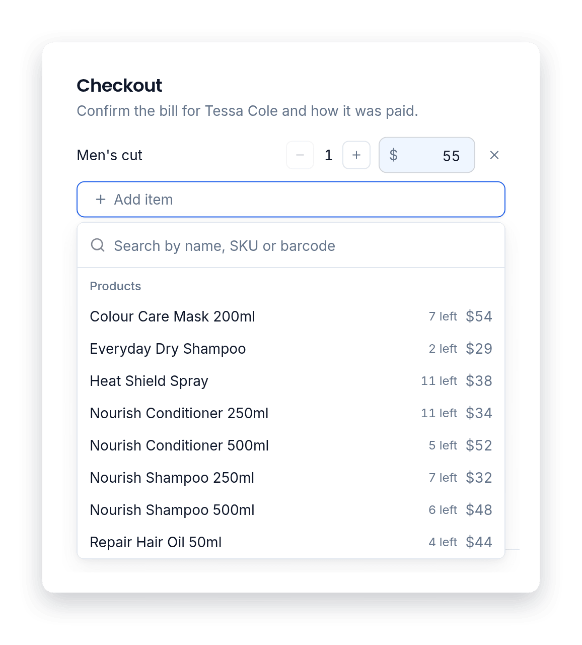Products on the bill at checkout