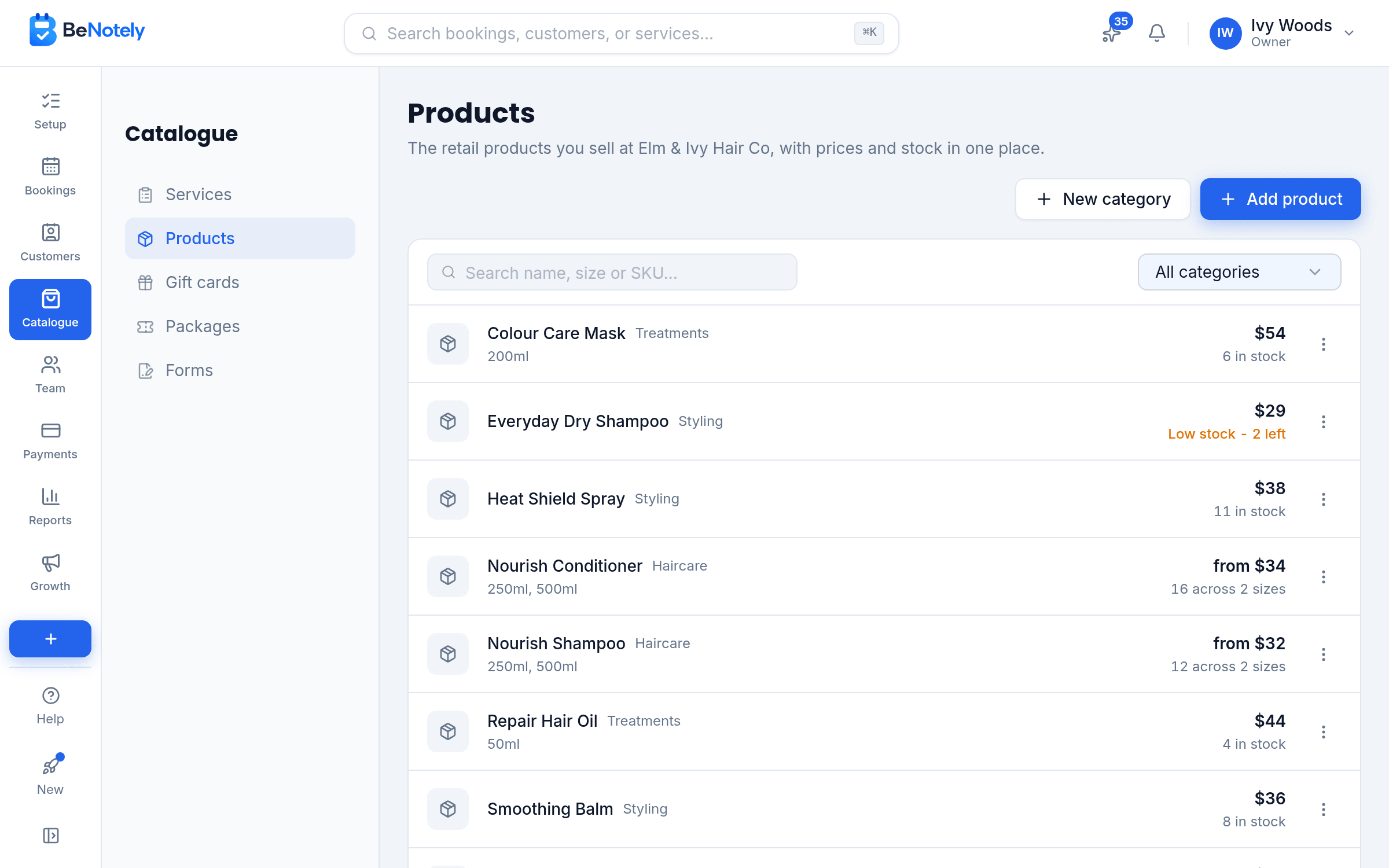 The Products page in BeNotely: every product with its price, sizes and stock count