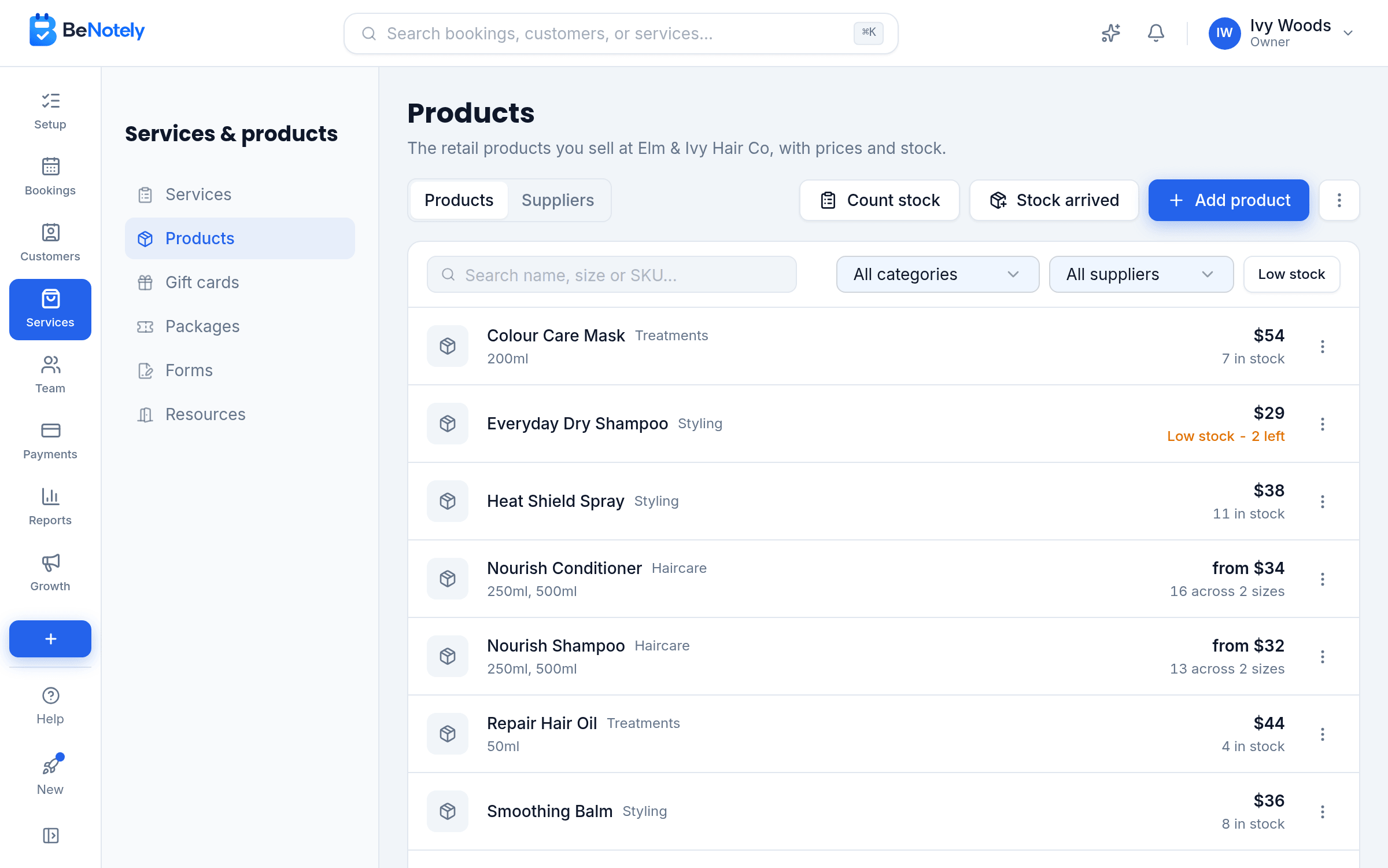 The Products page in BeNotely: every product with its price, sizes and stock count