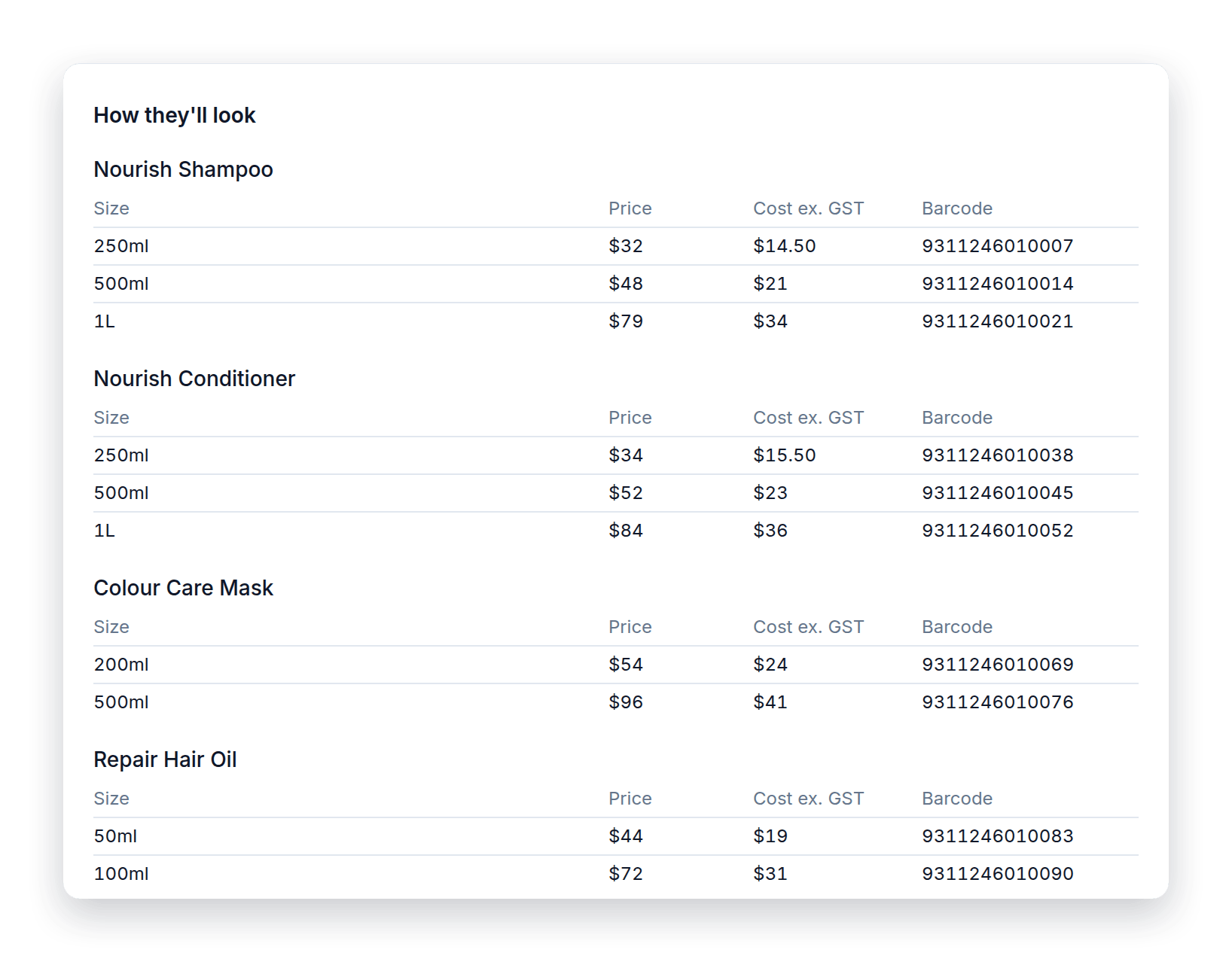 Fill in products from your supplier's price list