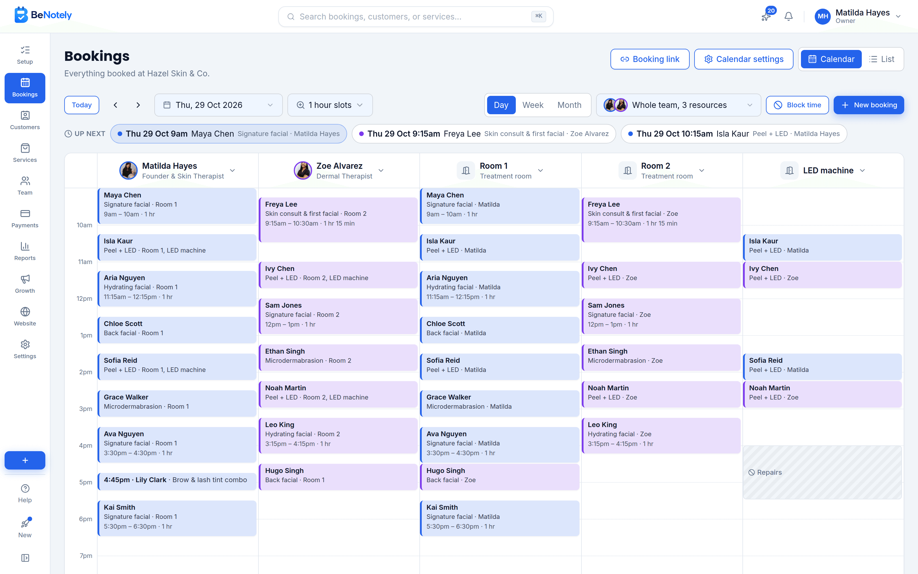 Hazel Skin & Co's calendar with its two treatment rooms and LED machine ticked in the team picker, each a column of its own beside the therapists, and a booking's details listing the room and machine it uses