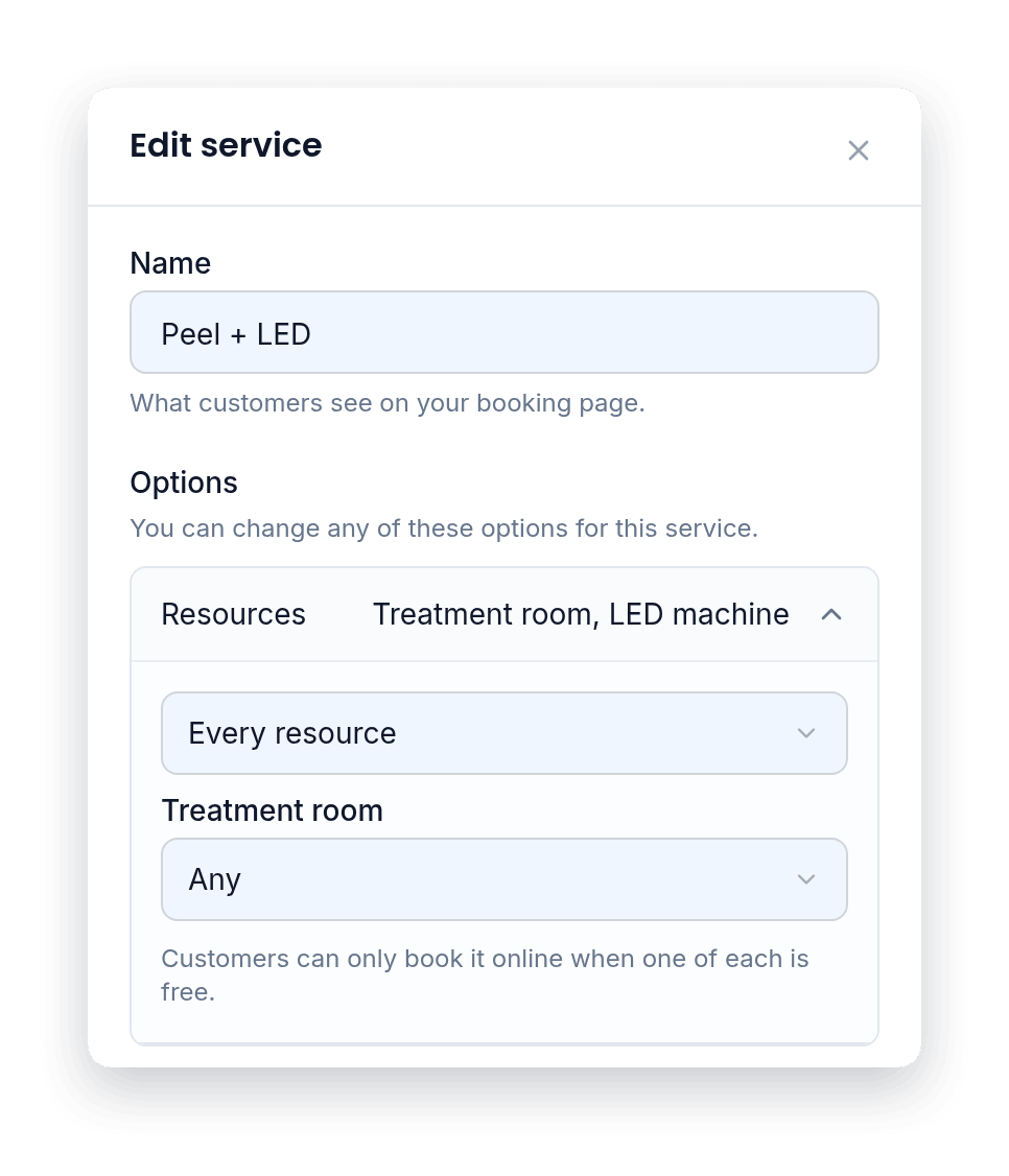 Set the room or machine each service needs