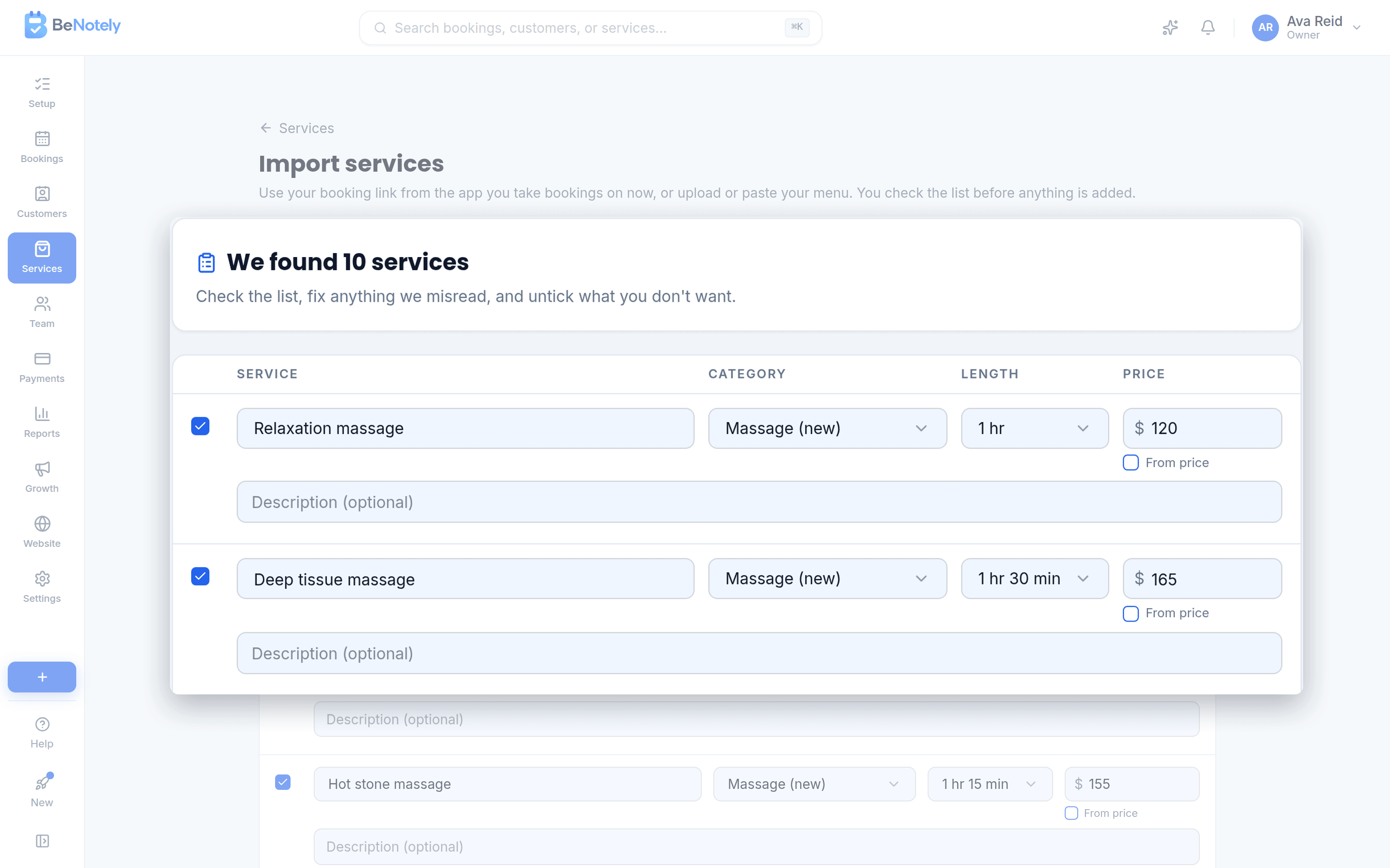Your menu, from a photo or your booking link