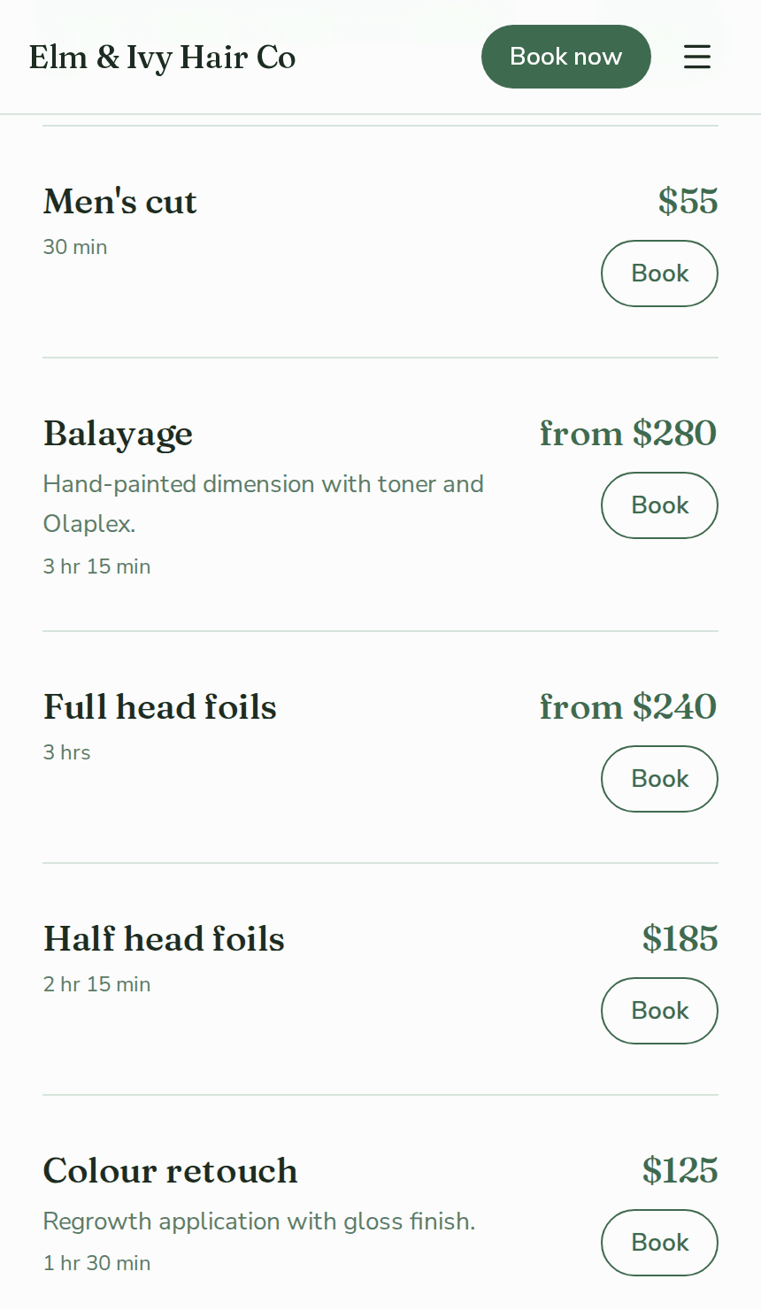 A services page on a BeNotely website, every service with its own Book button