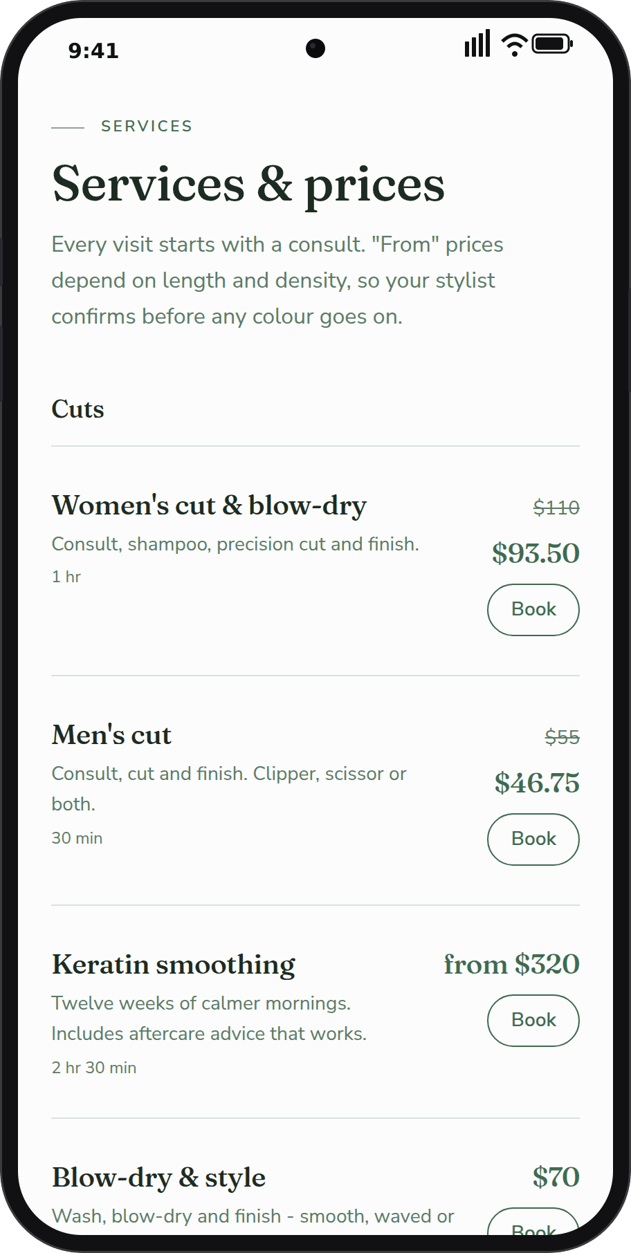 A services page on a BeNotely website, every service with its own Book button