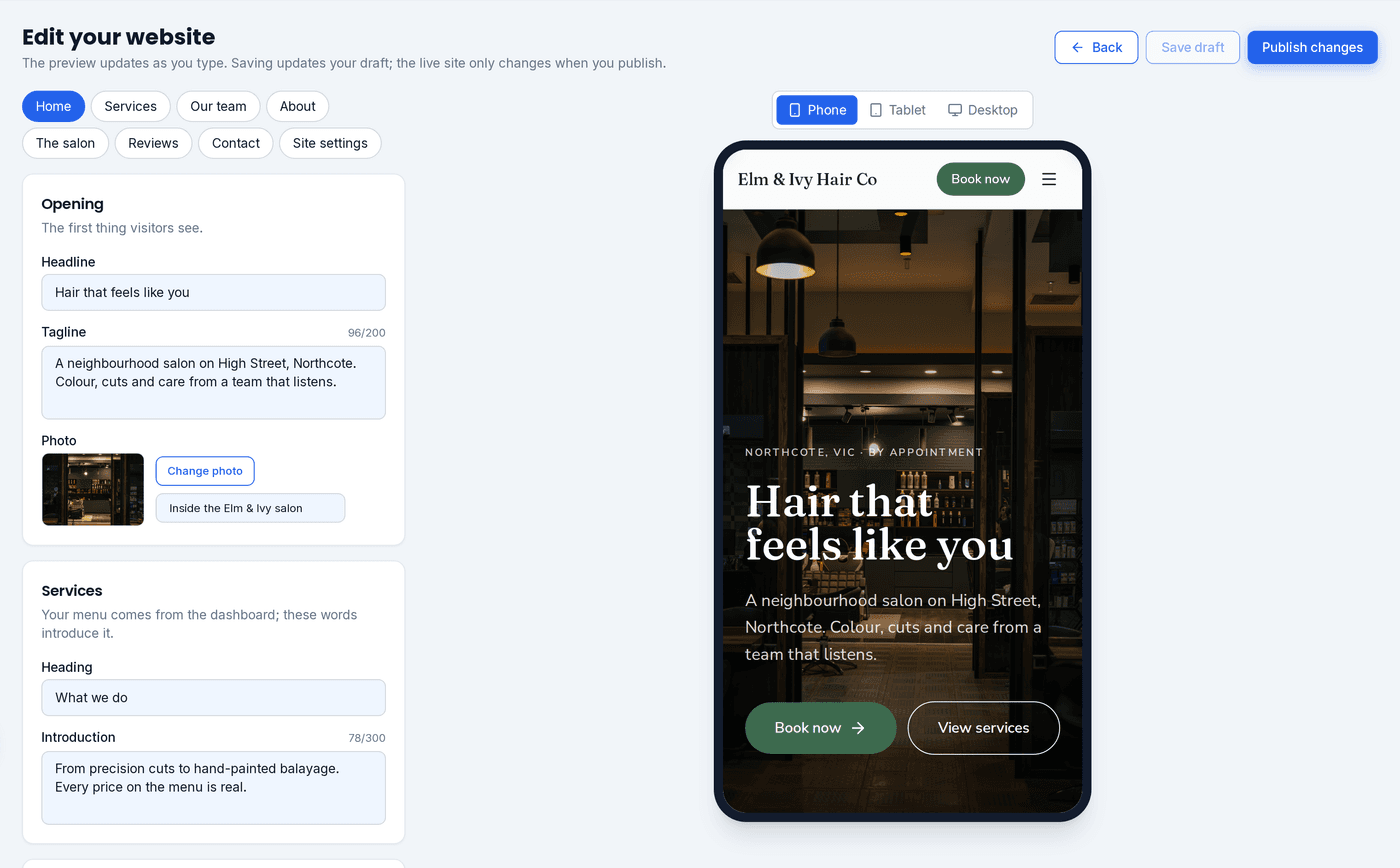 The BeNotely website editor, editing a live business website with an instant phone preview