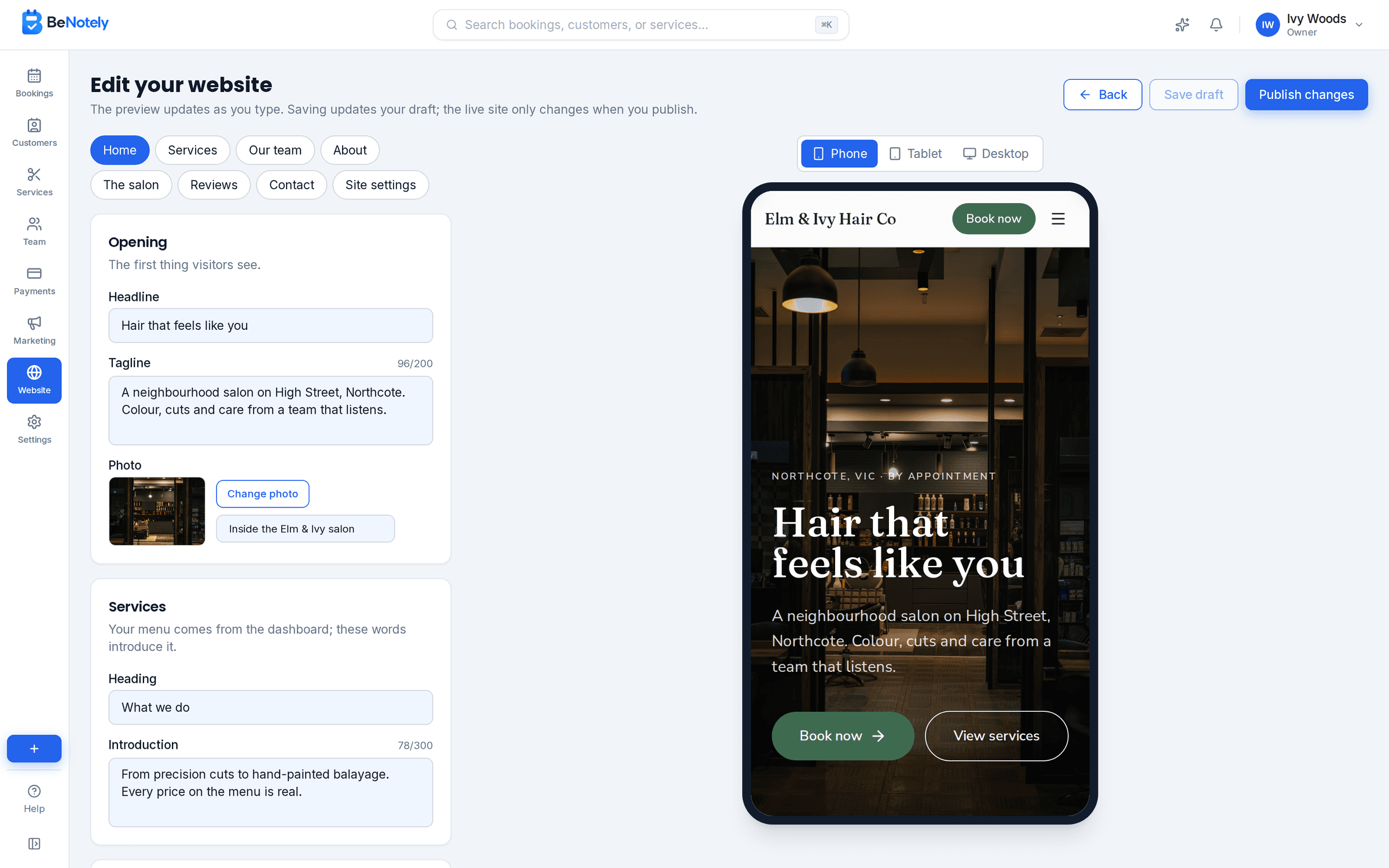The BeNotely website editor, editing a live business website with an instant phone preview