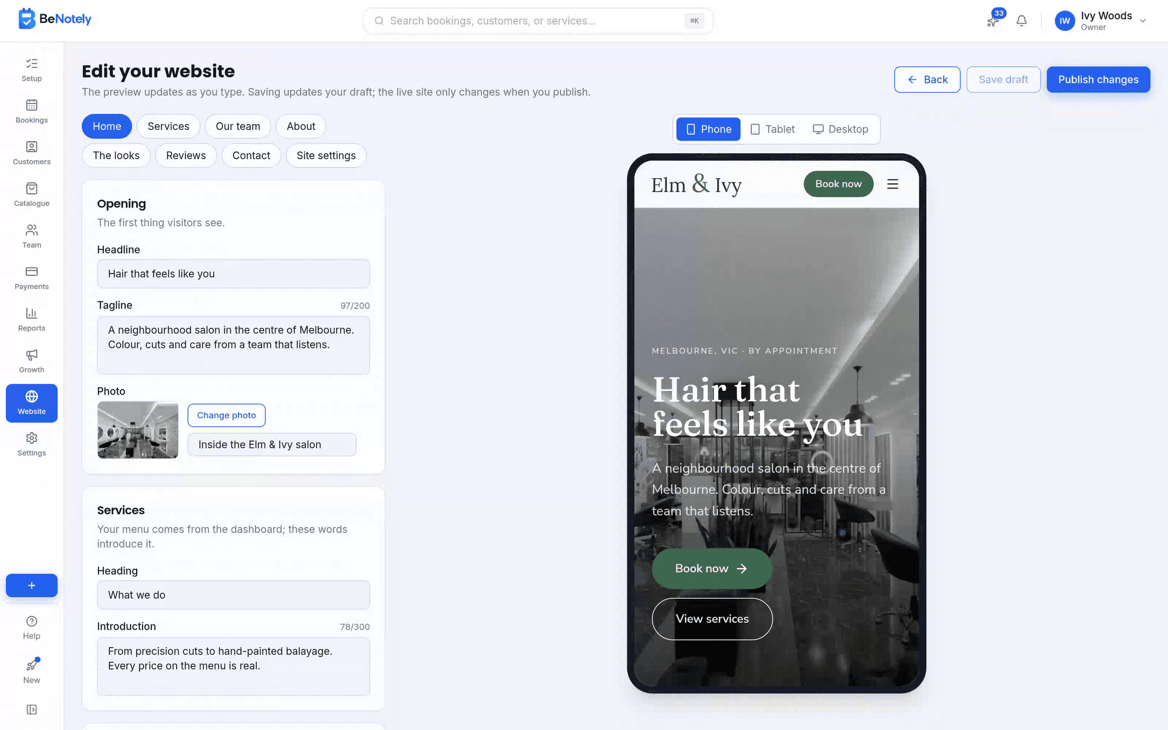 The BeNotely website editor, editing a live business website with an instant phone preview