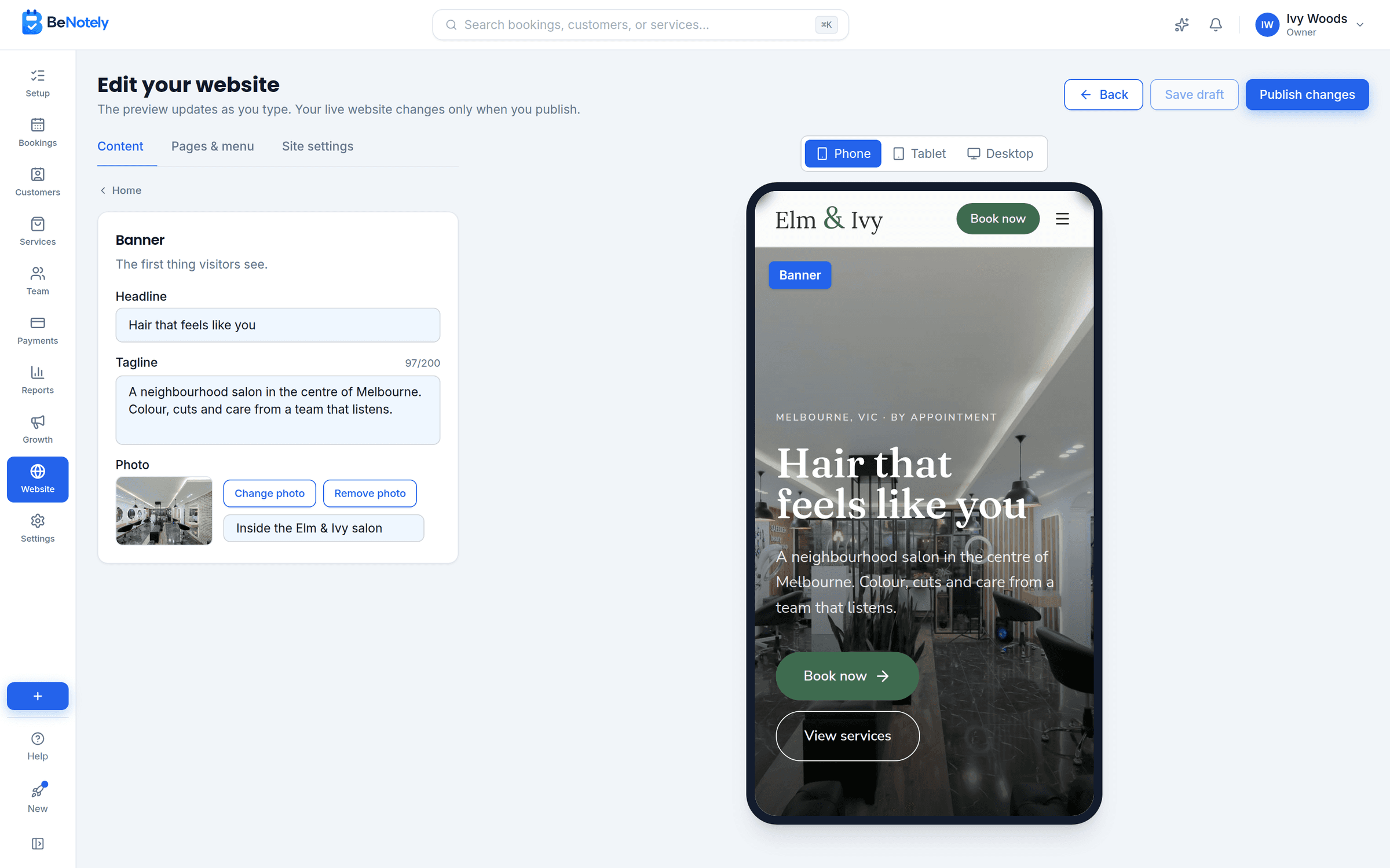 The BeNotely website editor: the homepage banner's headline, tagline and photo, beside a live phone preview