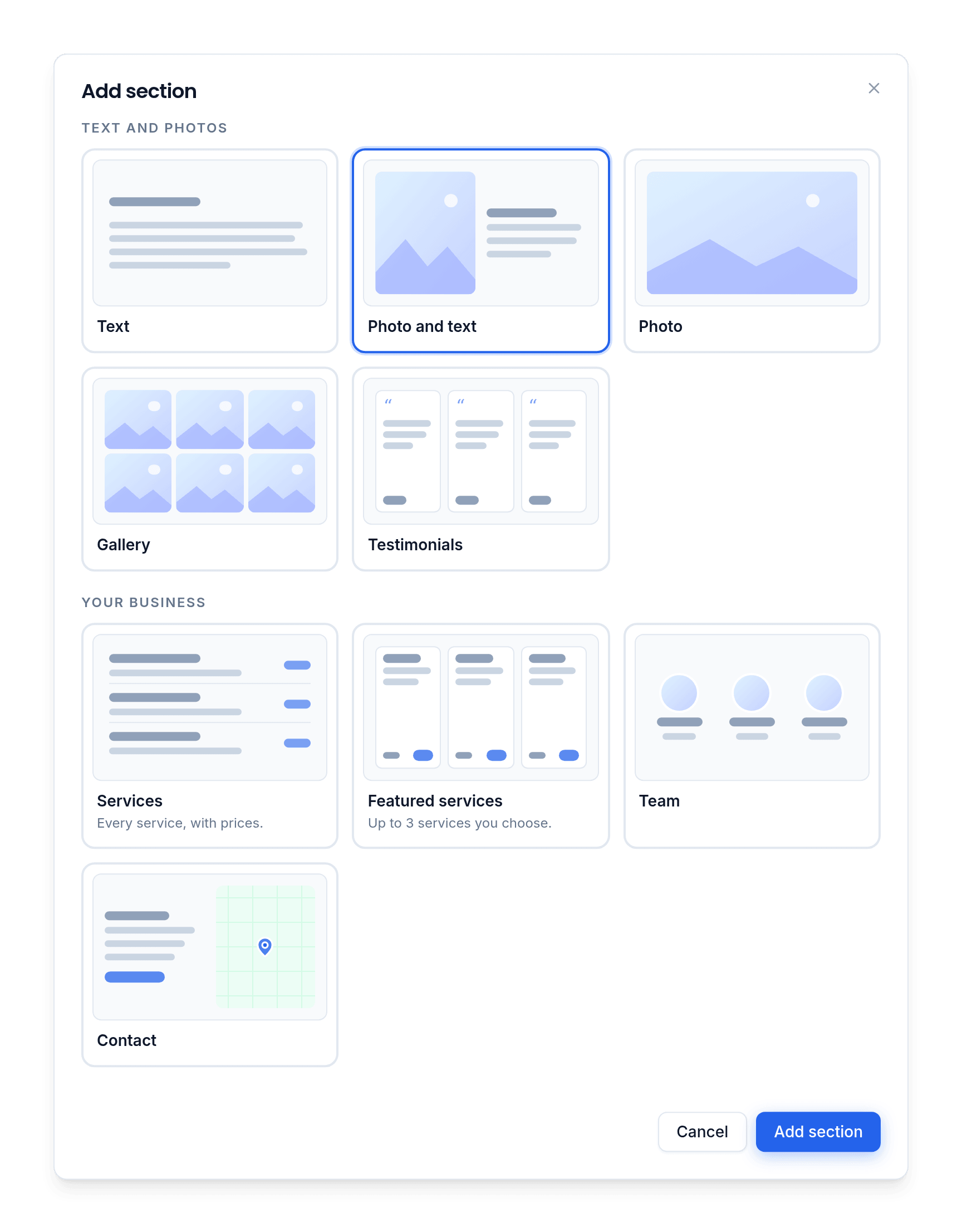 Add section in the BeNotely website editor: text, photos, a gallery, testimonials, your services, your team and how to find you