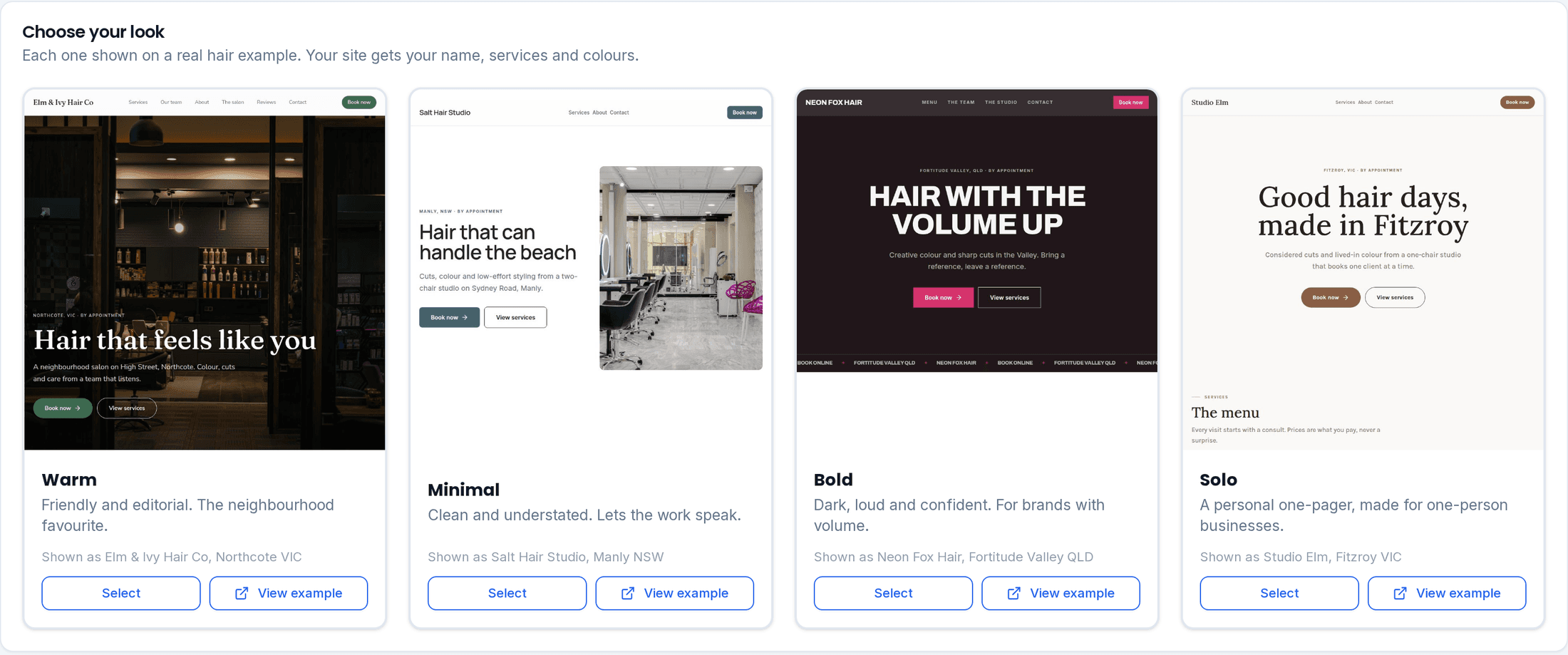 Choosing a website look in BeNotely, each one shown on a real example business