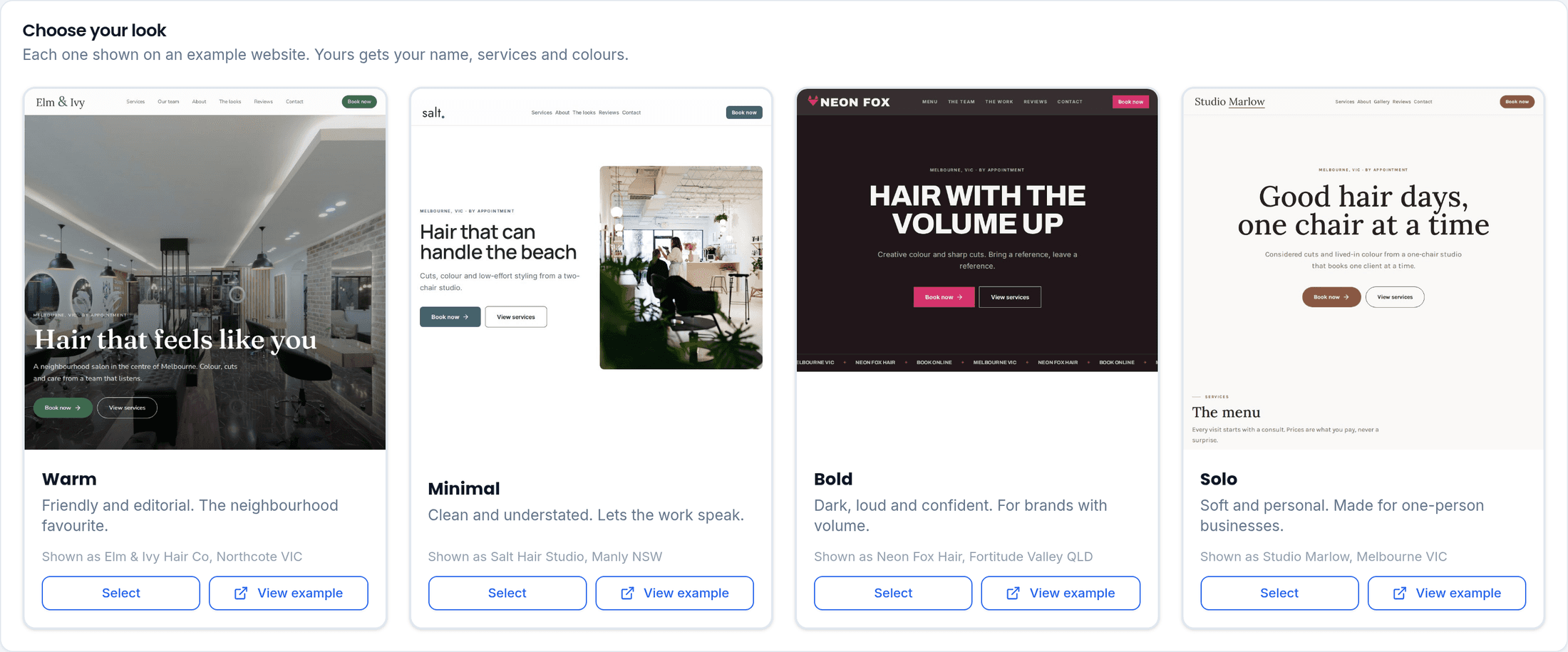 Choosing a website look in BeNotely, each one shown on a real example business