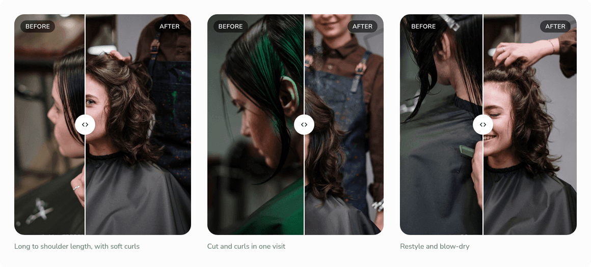 Before and after photos on a website built with BeNotely, each pair with a slider
