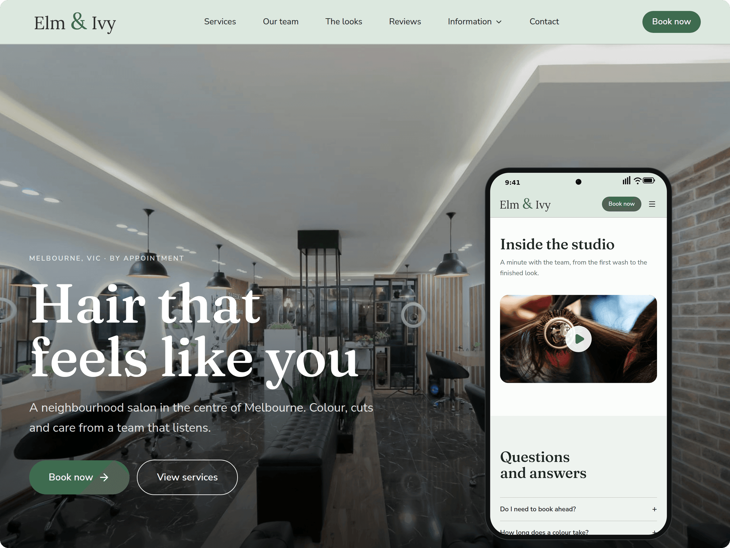 Elm & Ivy's website with Website Pro: its header in a colour of its own with an Information dropdown, and on a phone its video and FAQs