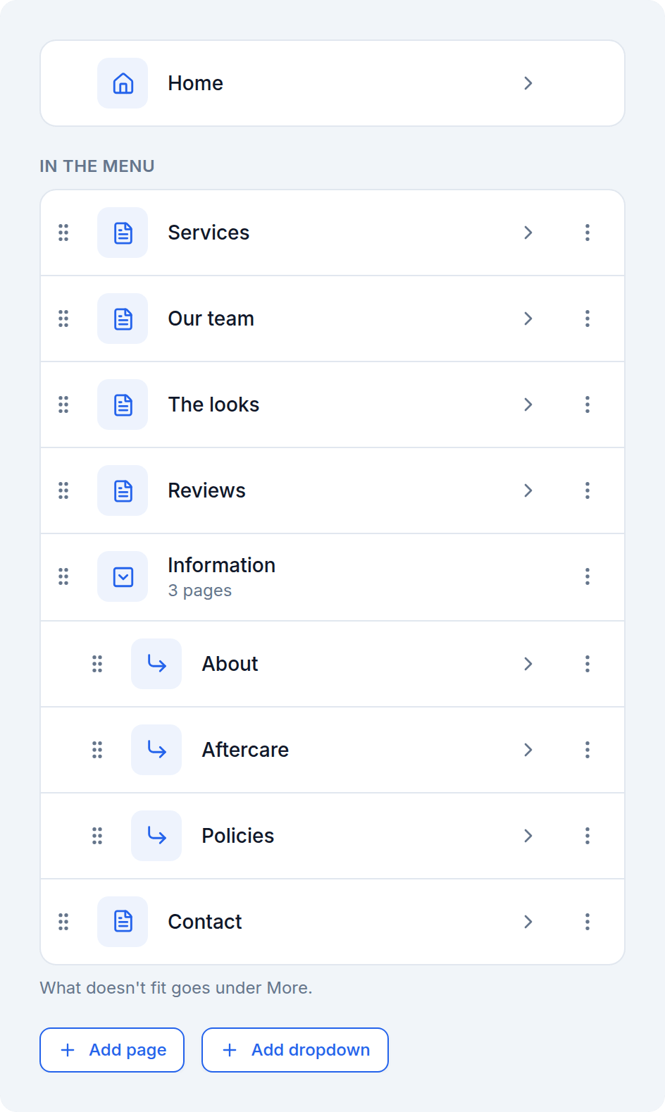Pages of your own, grouped into dropdown menus