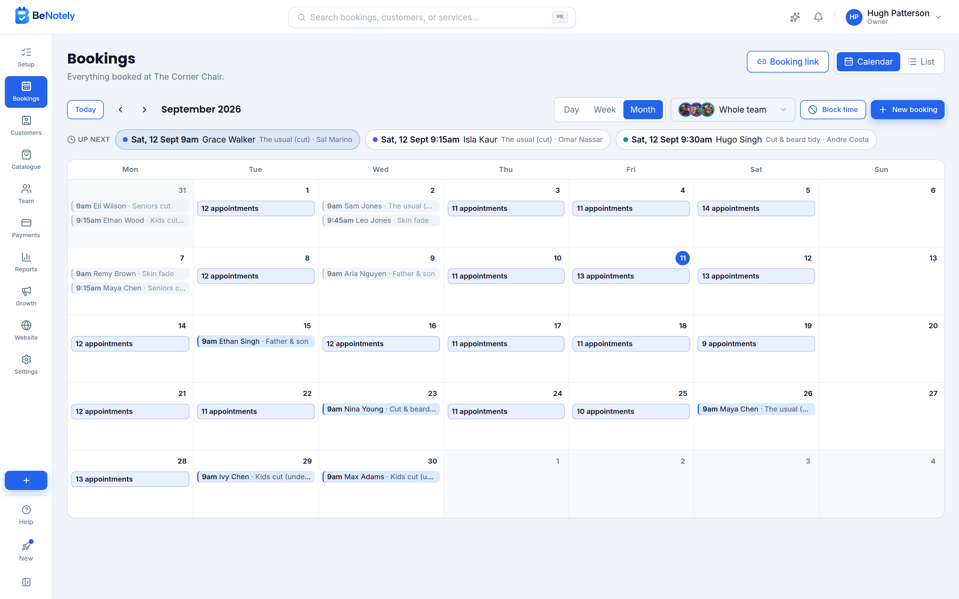 The BeNotely calendar showing a month full of bookings