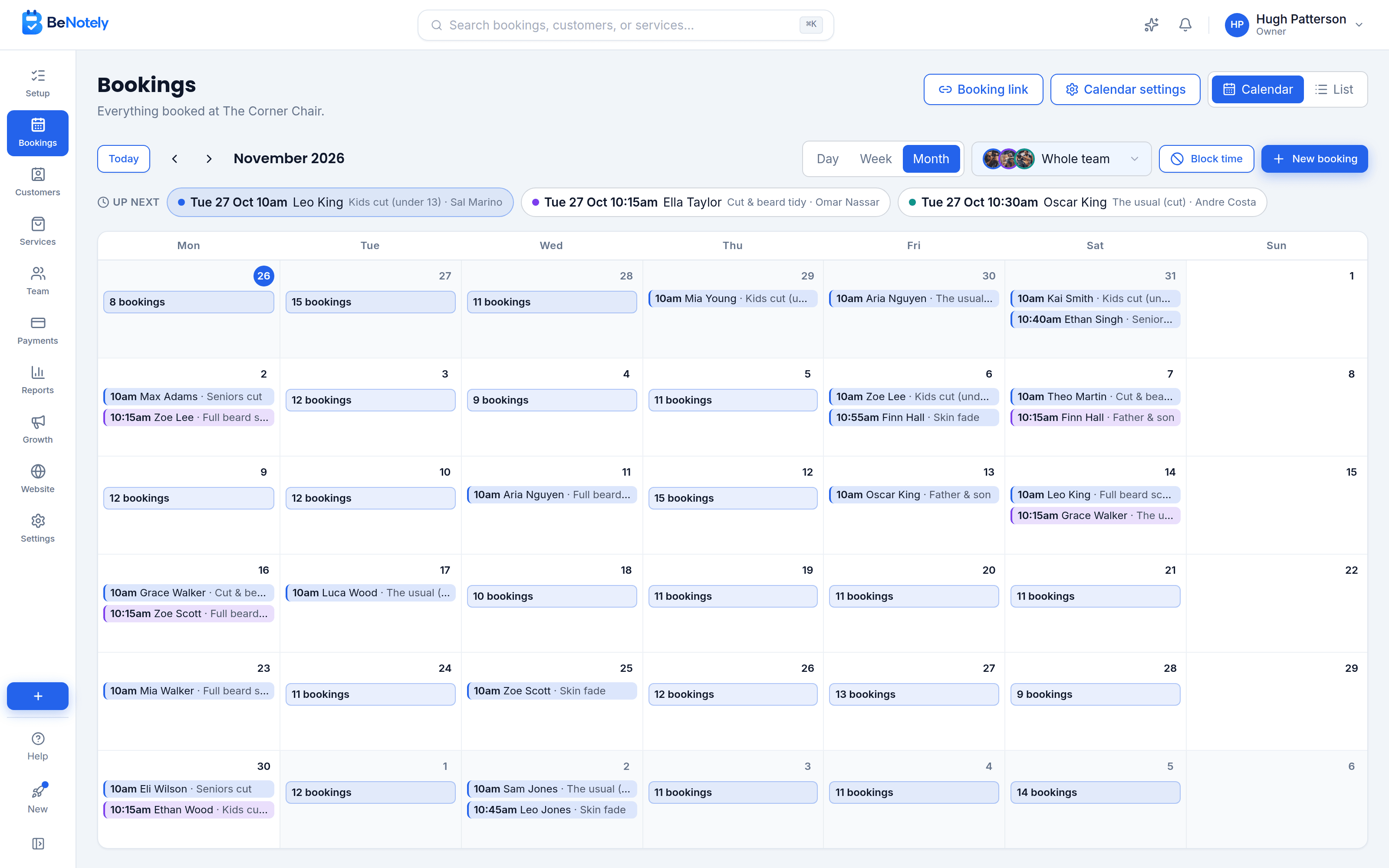 The BeNotely calendar showing a month full of bookings