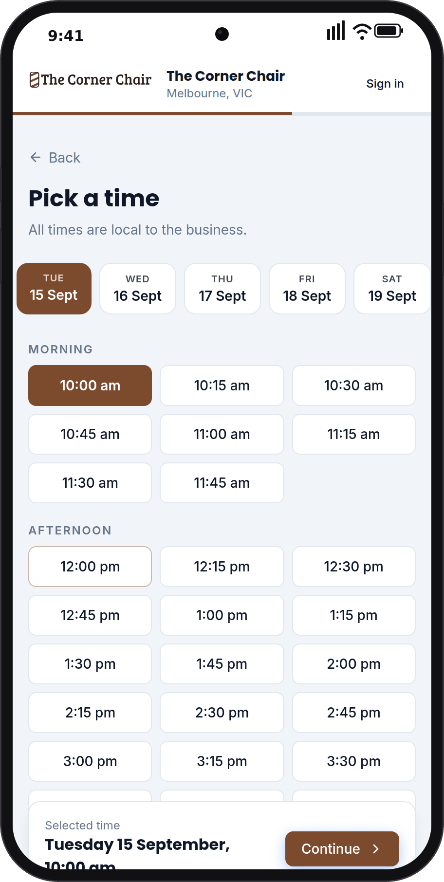 Picking a time on the booking page