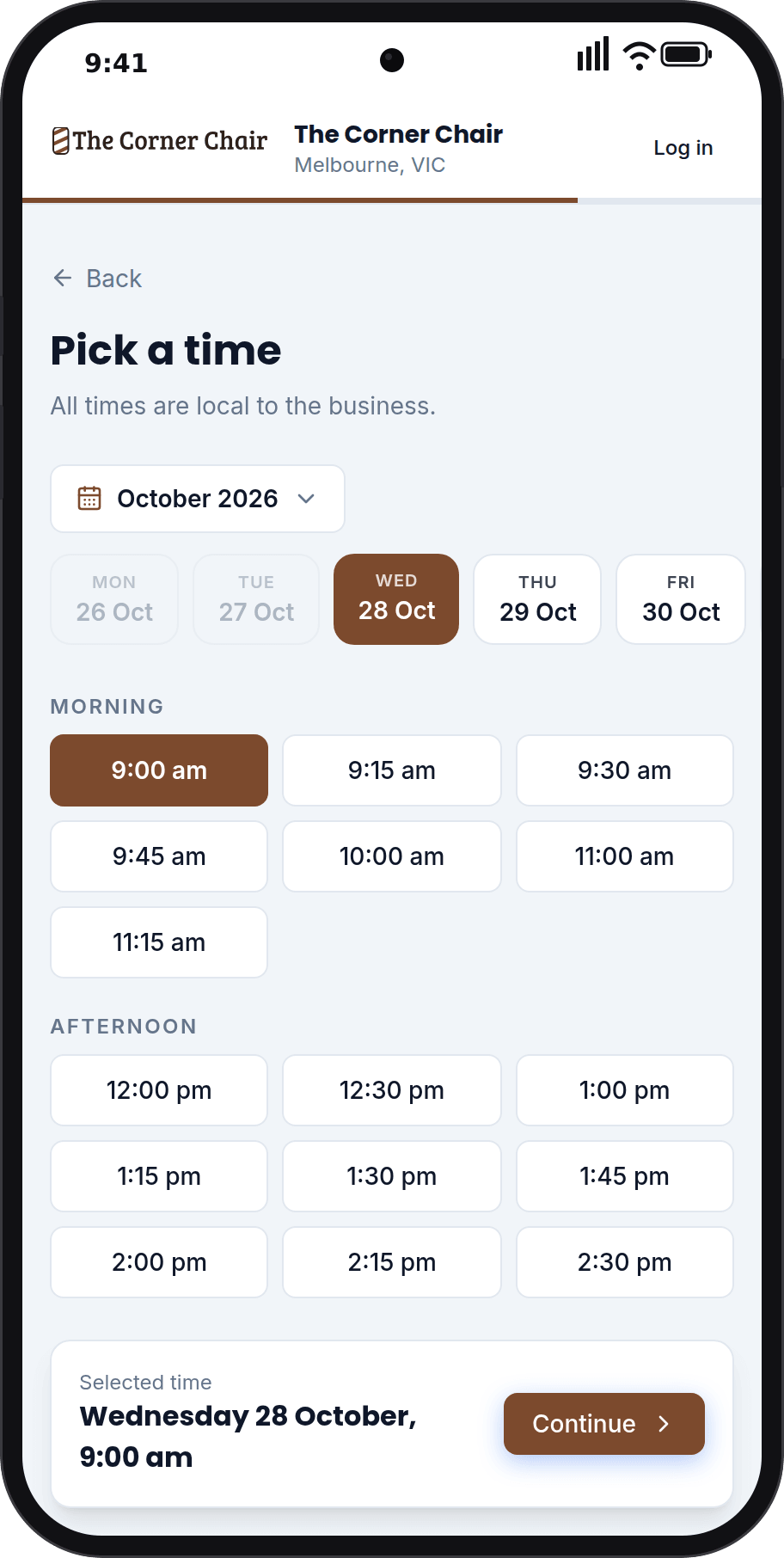 Picking a time on the booking page
