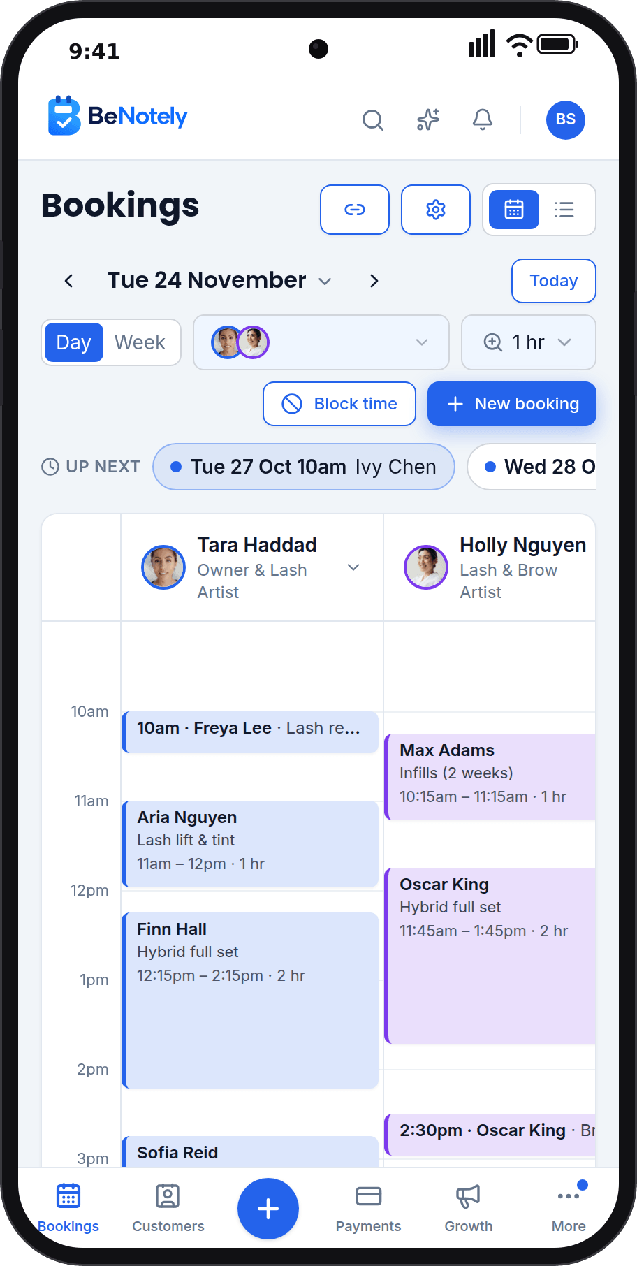 The BeNotely calendar day view on a phone