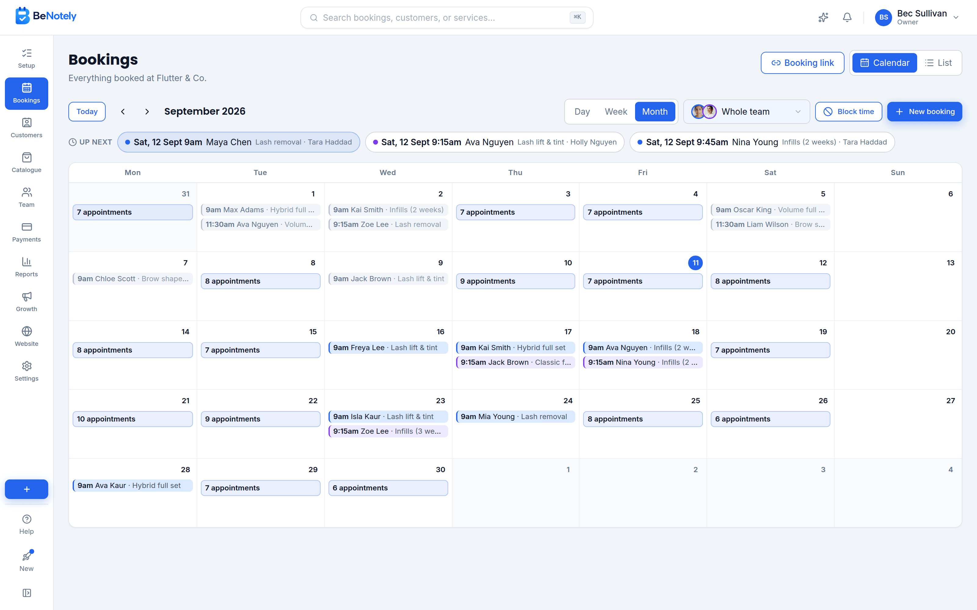 The BeNotely calendar showing a month full of bookings
