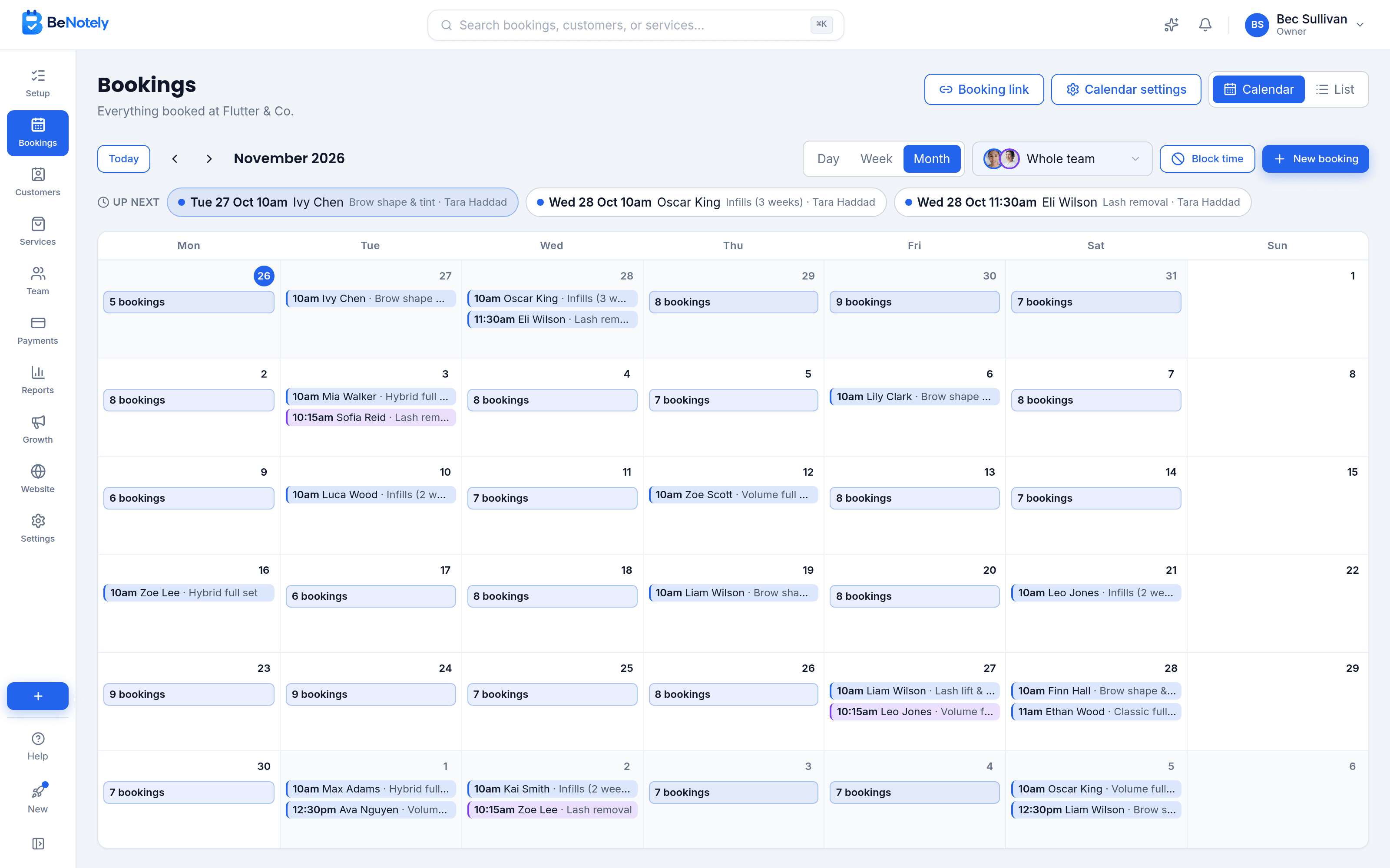 The BeNotely calendar showing a month full of bookings