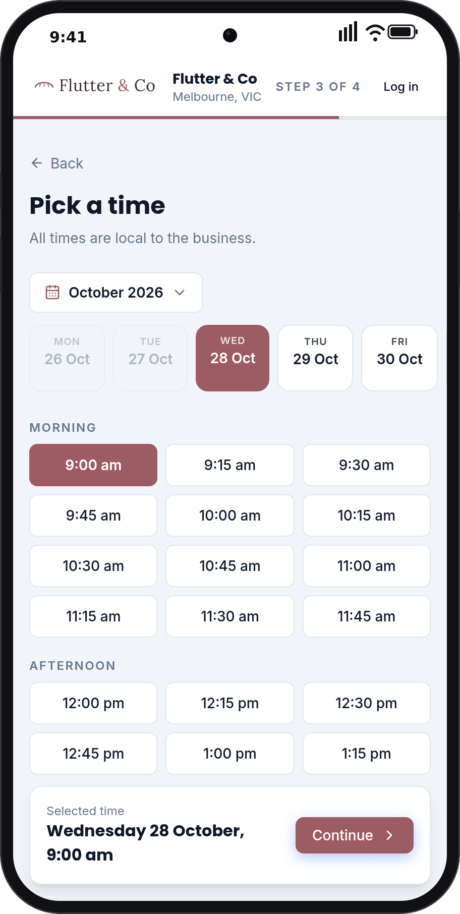 Picking a time on the booking page