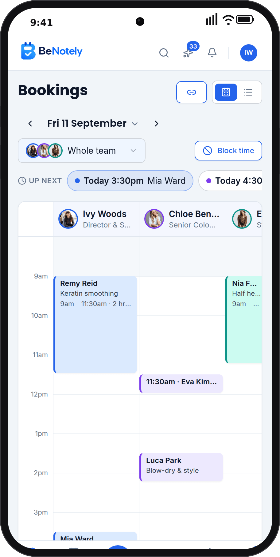 The BeNotely calendar day view on a phone