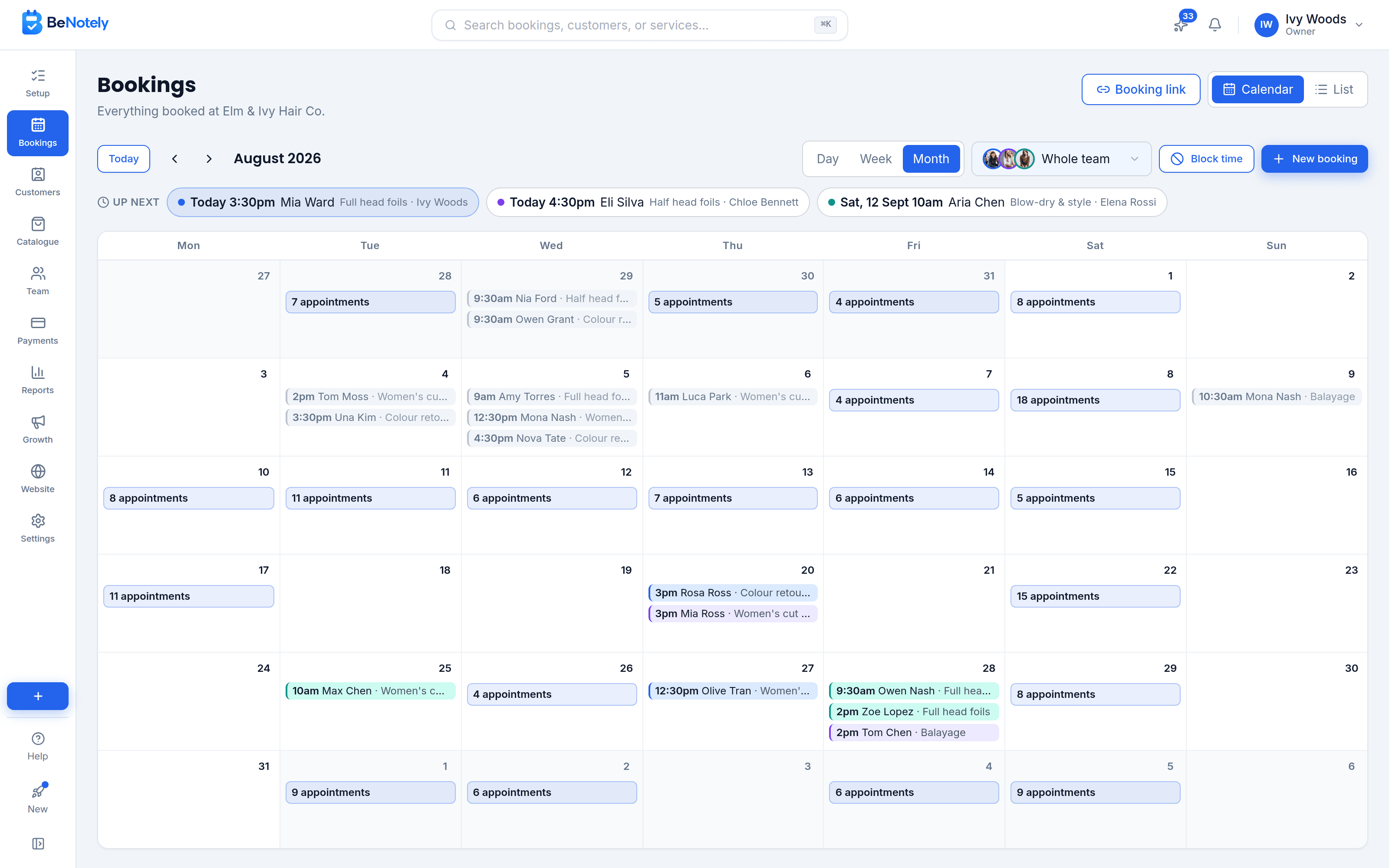 The BeNotely calendar showing a month full of bookings