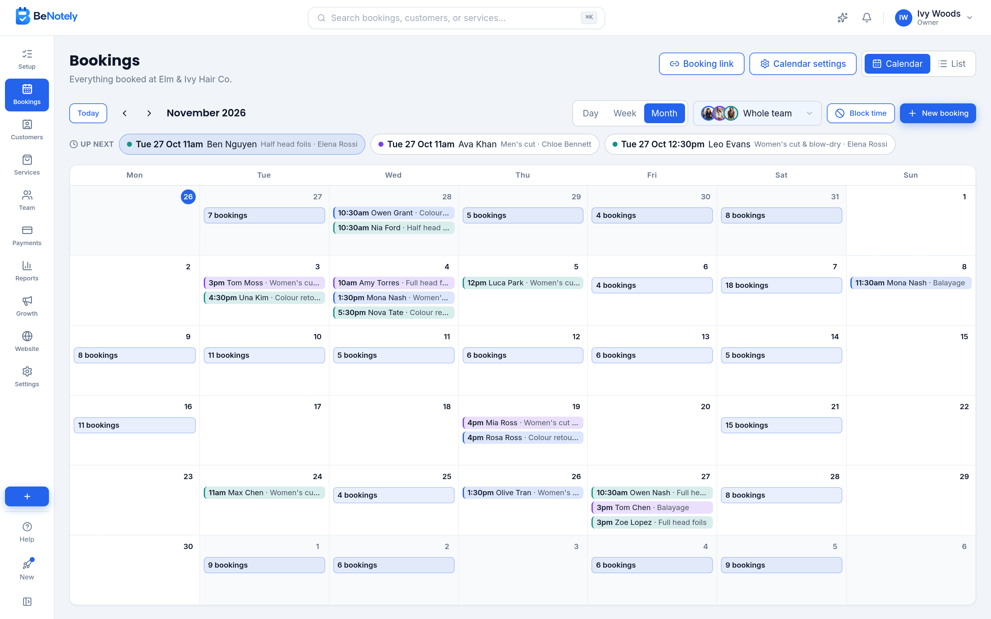 The team's calendar for the month